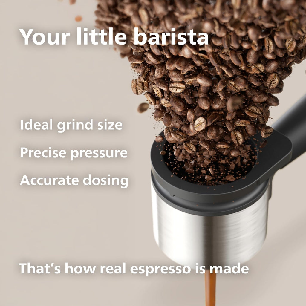 Philips Baristina Espresso Machine, Grind, Tamp & Brew Coffee Beans in One Swipe, Compact, 16 Bar Pump Pressure, Automatic Grinder, Natural White with White Portafilter (BAR300/00)