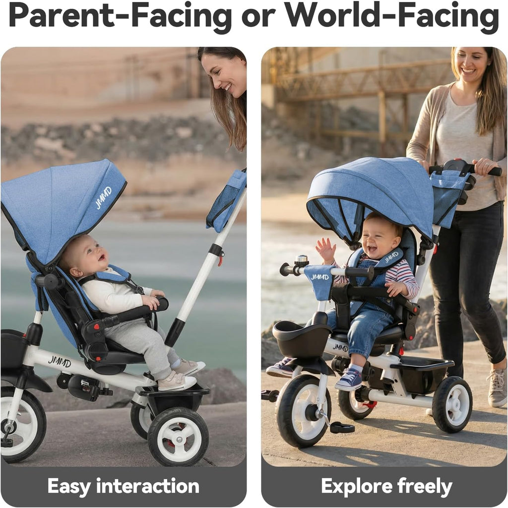 EOOWOY Toddler Tricycle with Push Handle, 7 in 1 Stroller Trike with 360° Swivel Seat, Reclining Backrest, All-Terrain Wheels, Dual Brakes, Canopy & Storage, Gift for Kids 18 Months to 5 Years, Blue