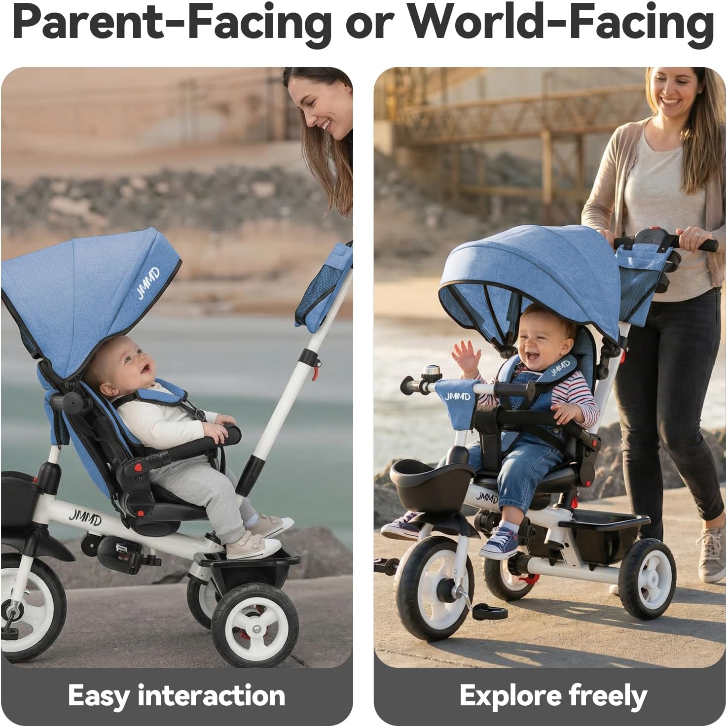 EOOWOY Toddler Tricycle with Push Handle, 7 in 1 Stroller Trike with 360° Swivel Seat, Reclining Backrest, All-Terrain Wheels, Dual Brakes, Canopy & Storage, Gift for Kids 18 Months to 5 Years, Blue
