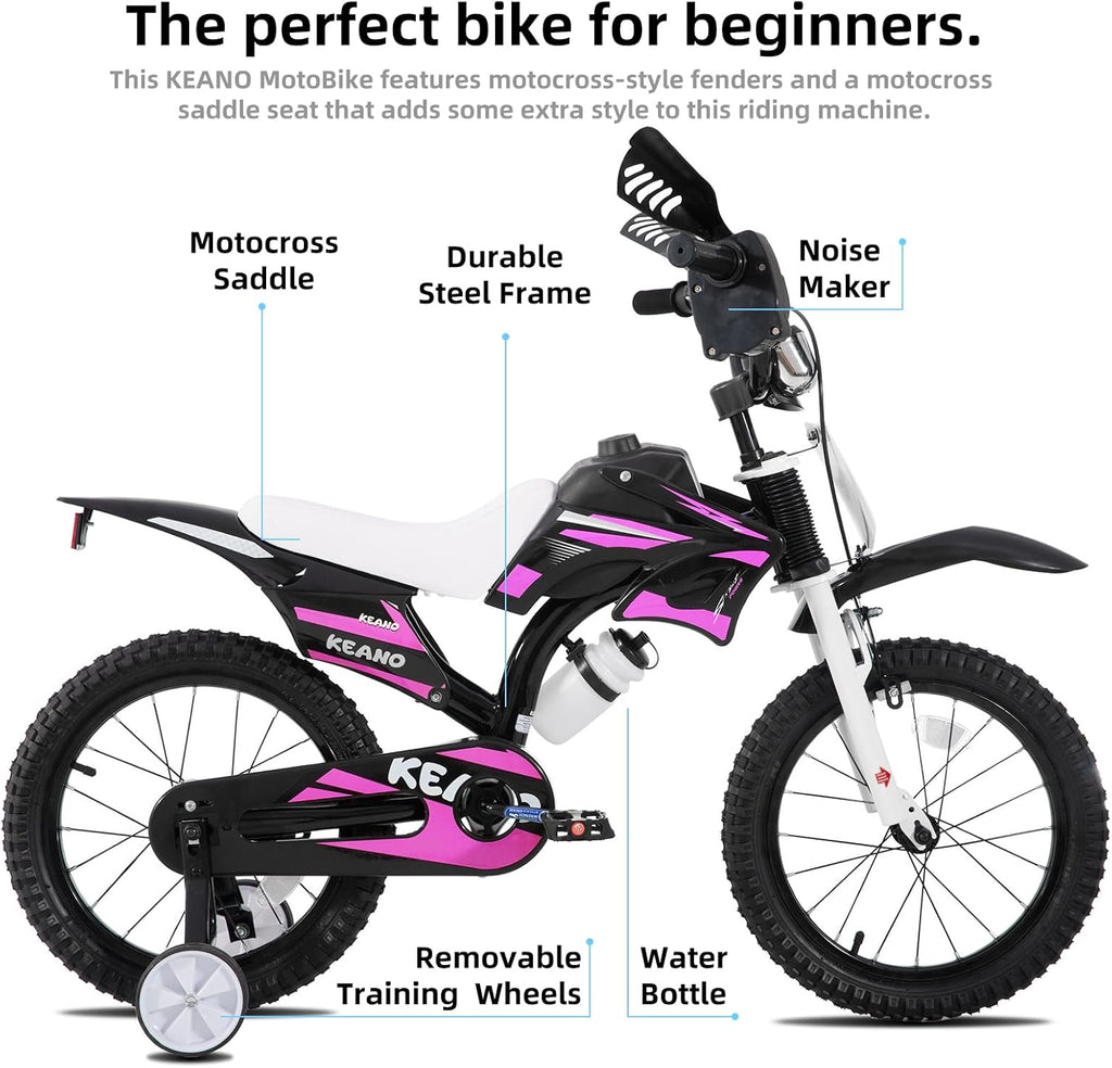 KEANO Motocross Style Kids Bike for Boys Girls Ages 3-7 Years, 12 & 16 Inch Bikes with Training Wheels and Number Plate, Children Bicycles Black