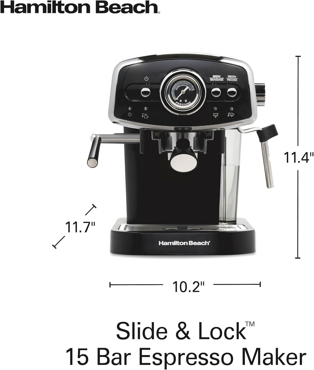 Hamilton Beach Slide & Lock Espresso Machine With Milk Frother Steam Wand For Cappuccino & Latte, 15 Bar Pump and Two Spouts, Removable Reservoir, Compact, Retro Design, Black (40730)