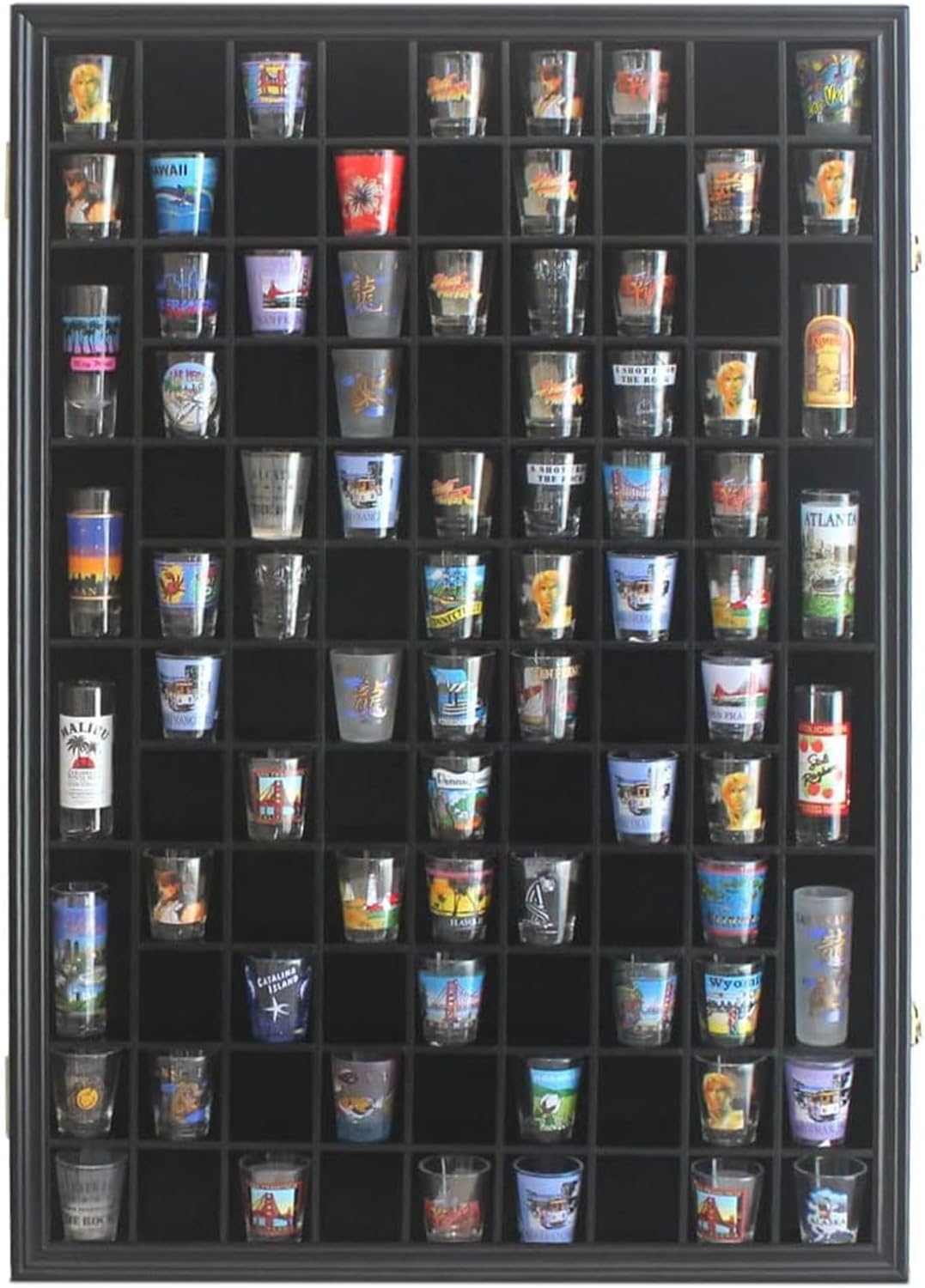 100 Shot Glass Display Case Holder Shadow Box Wall Cabinet, with Acrylic Door (Black Finish)