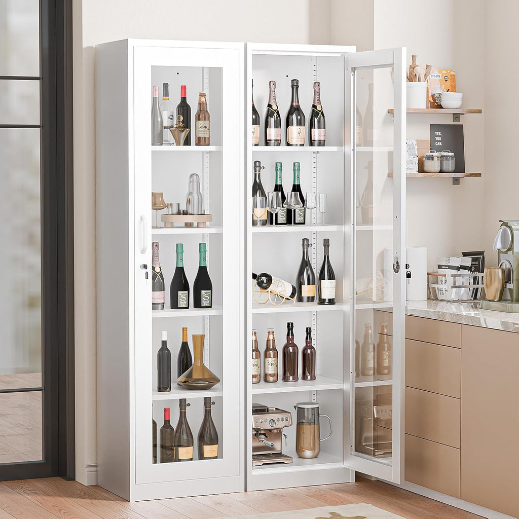 VINGLI Lockable Display Cabinet with Glass Door & 4 Adjustable Shelves, 65' Tall Metal Storage Cabinet Curio Liquor, Bookshelf Bookcase for Home Office Living Room Pantry Garage (White)