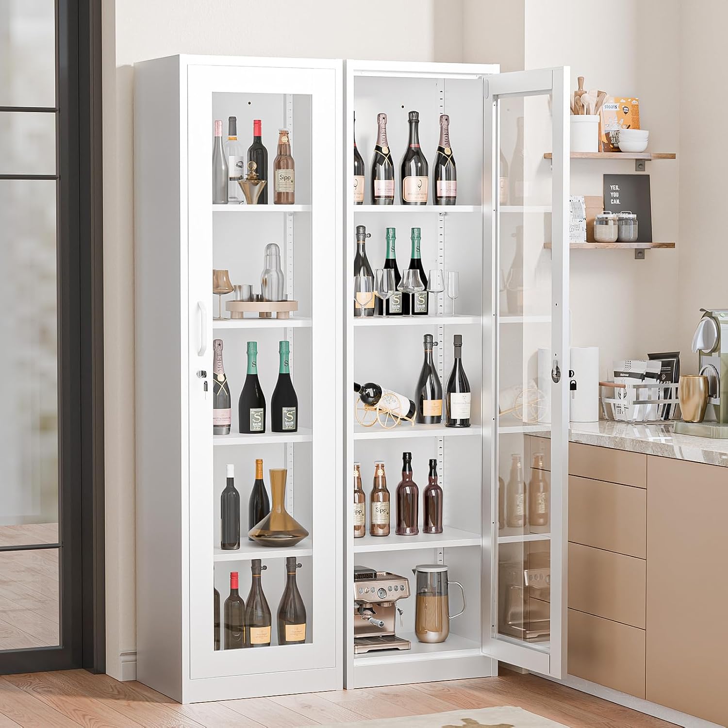 VINGLI Lockable Display Cabinet with Glass Door & 4 Adjustable Shelves, 65' Tall Metal Storage Cabinet Curio Liquor, Bookshelf Bookcase for Home Office Living Room Pantry Garage (White)