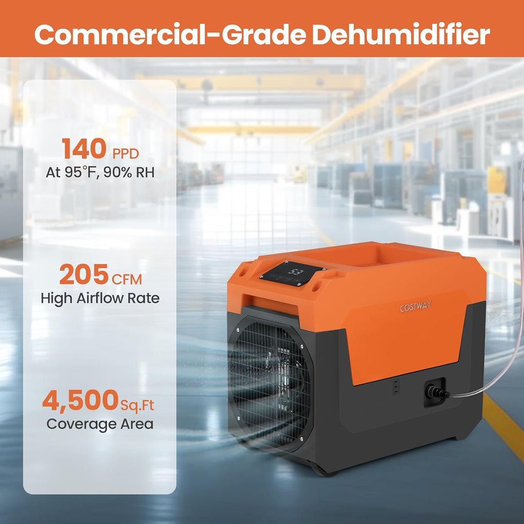 COSTWAY 140 Pints Commercial Dehumidifier with Pump, Portable Industrial Dehumidifier with Drain Hose for Basements, Job Sites, Water Damage Restoration (Orange)