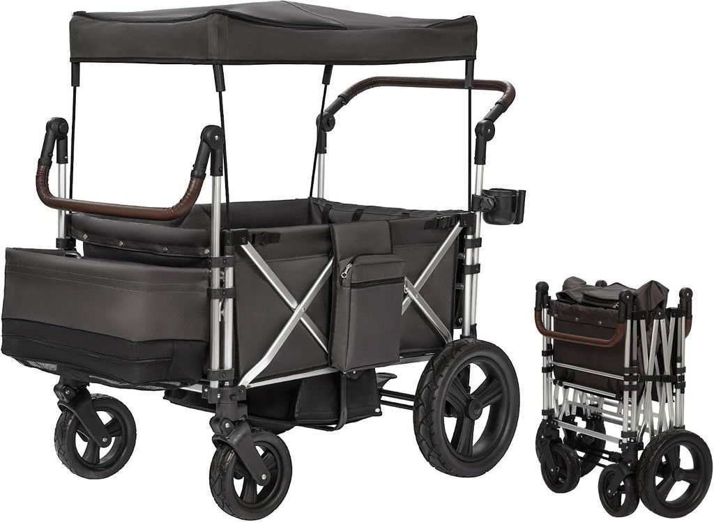 Stroller Wagon 4 Seater, Folding Push Wagon for 4 Kids, Collapsible with 5-Point Safety Belt and Canopy, Adjustable Handle, All-Terrain Mobility