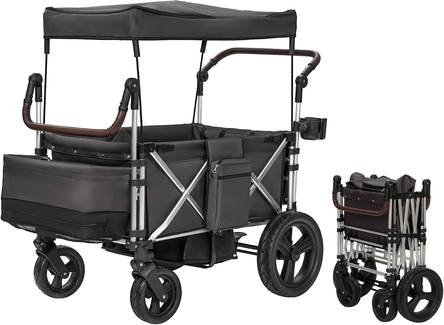 Stroller Wagon 4 Seater, Folding Push Wagon for 4 Kids, Collapsible with 5-Point Safety Belt and Canopy, Adjustable Handle, All-Terrain Mobility