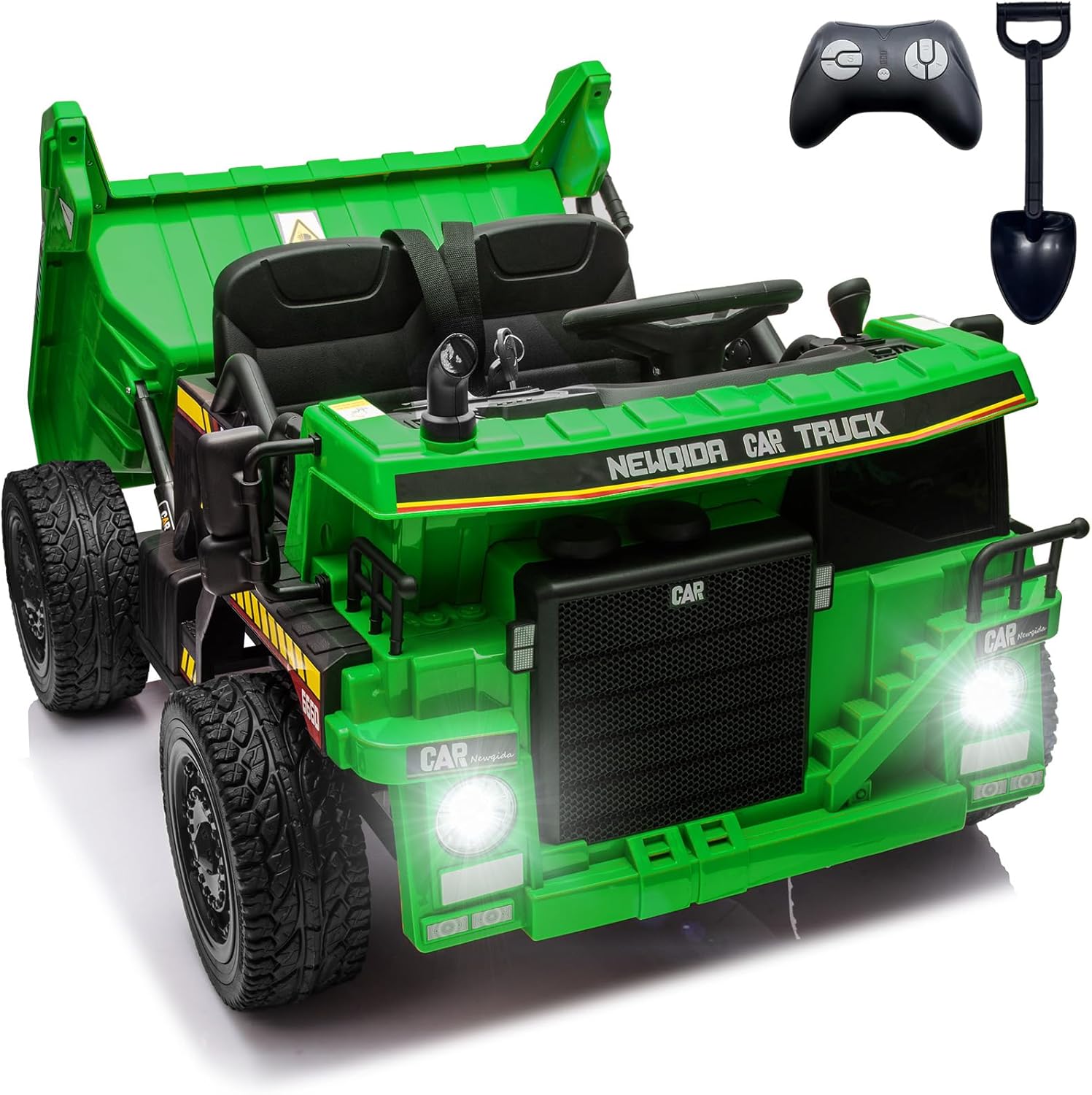 NEWQIDA 24V Ride on Dump Truck, Kids Electric Car with Remote Control, Ride on Construction Vehicles w/Electric Dump Bed, Shovel, 2x75W Powerful Motors, Up to 4.4Mph, EVA Tires, Soft Start, Green