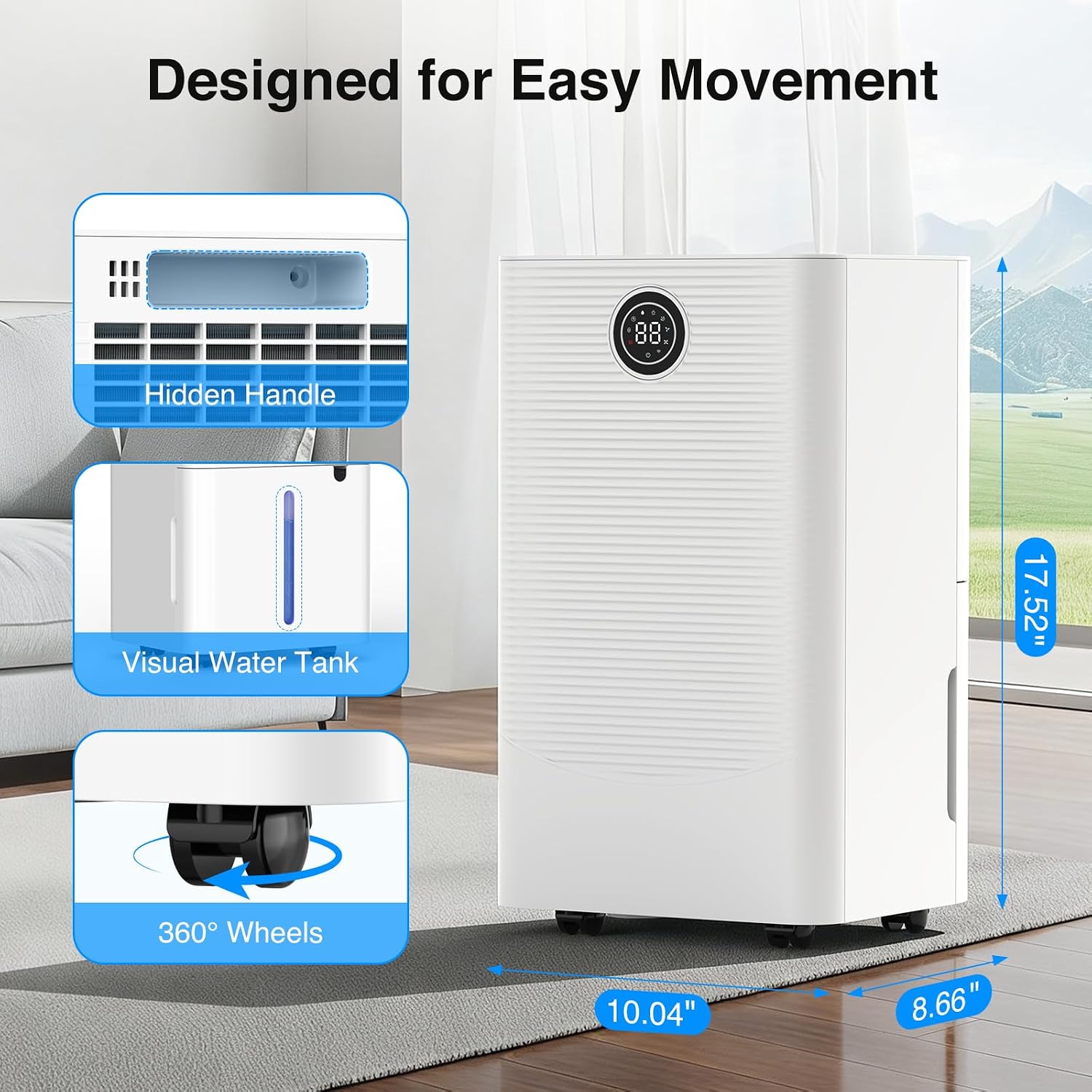ZAFRO Dehumidifier for Home & Basement with Drain Hose, Energy Efficient 24 Pints Dehumidifier, Auto or Manual Drainage, Auto Defrost, 3 Modes, 24 Hours Timer