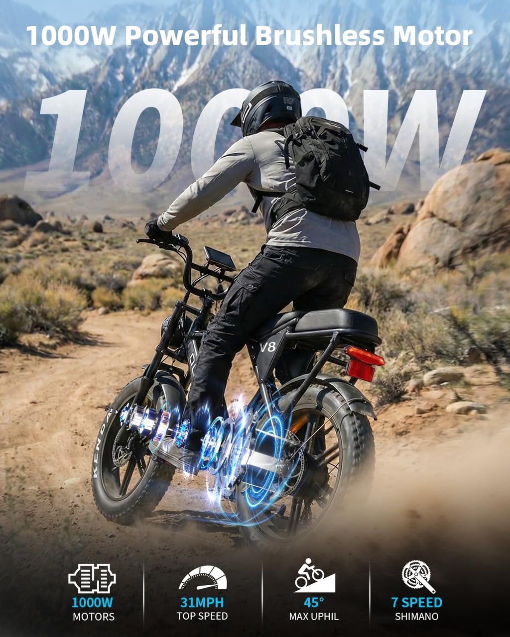 OUXI V8 Series Electric Bike for Adults, Ebike Peak 500W/1000W, 20/31 MPH, 10.4/15/30 AH Removable Battery, 16''/20' Fat Tire Electric Bike, 7-Speed Gear Electric Bicycles, Dual Disc Brakes