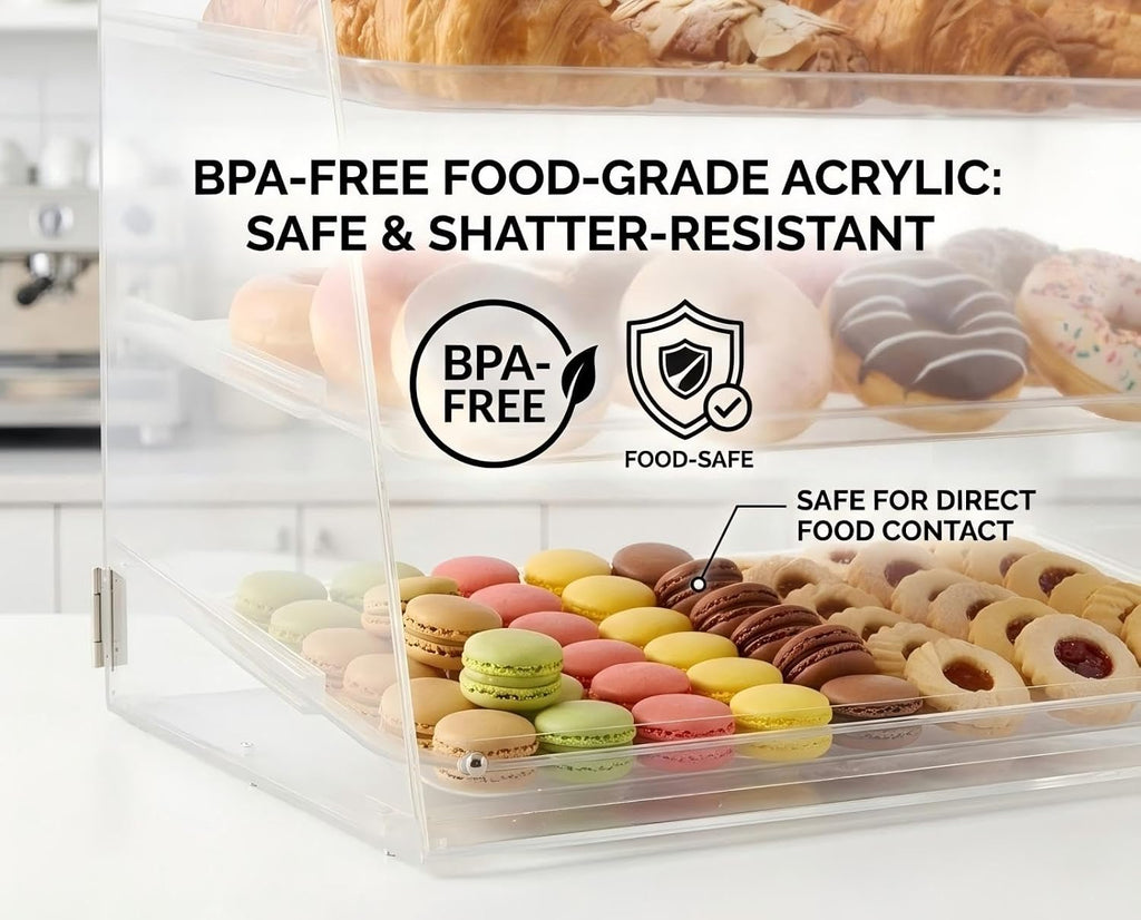 YBSVO 3-Tier Commercial Bakery Display Case, 21-Inch Clear Acrylic Countertop Pastry Showcase with Removable Trays, Food-Grade Dessert Cabinet with Magnetic Back Doors for Cafe, Market, Home