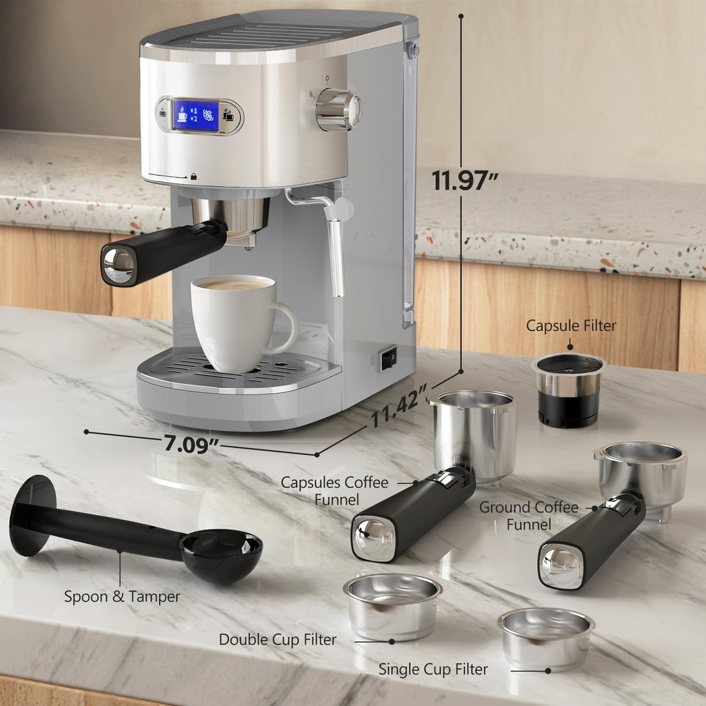 20 Bar Espresso Machine Semi-Automatic, Professional Coffee Maker with Milk Frother Steam Wand & 45OZ Removable Water Tank, Home Barista System for Cappuccino, Latte, Americano-Stainless Steel-Silver