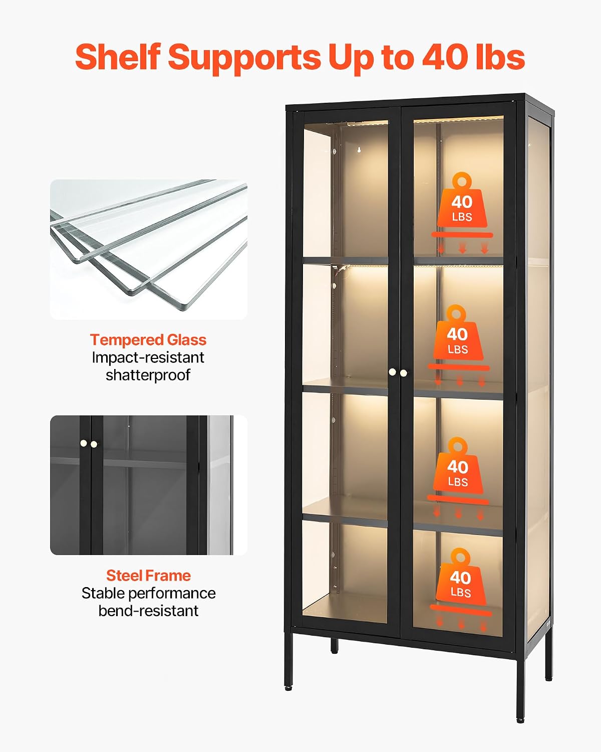 VEVOR Display Cabinet with Glass Door, 66 in Tall 4-Tier Lighted Display Case with 3 Color Lights, Metal Storage Cabinet with 3 Adjustable Shelves, Curio Cabinet for Collectibles Figures Trophy