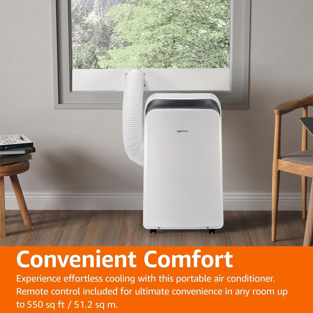 Amazon Basics 3-In-1 Portable Air Conditioner with Follow Me Remote, Timer, Sleep Mode, Auto Swing, Dehumidifier, 12000 BTU (ASHRAE), Cools Up to 550 Sqf Bedroom, White