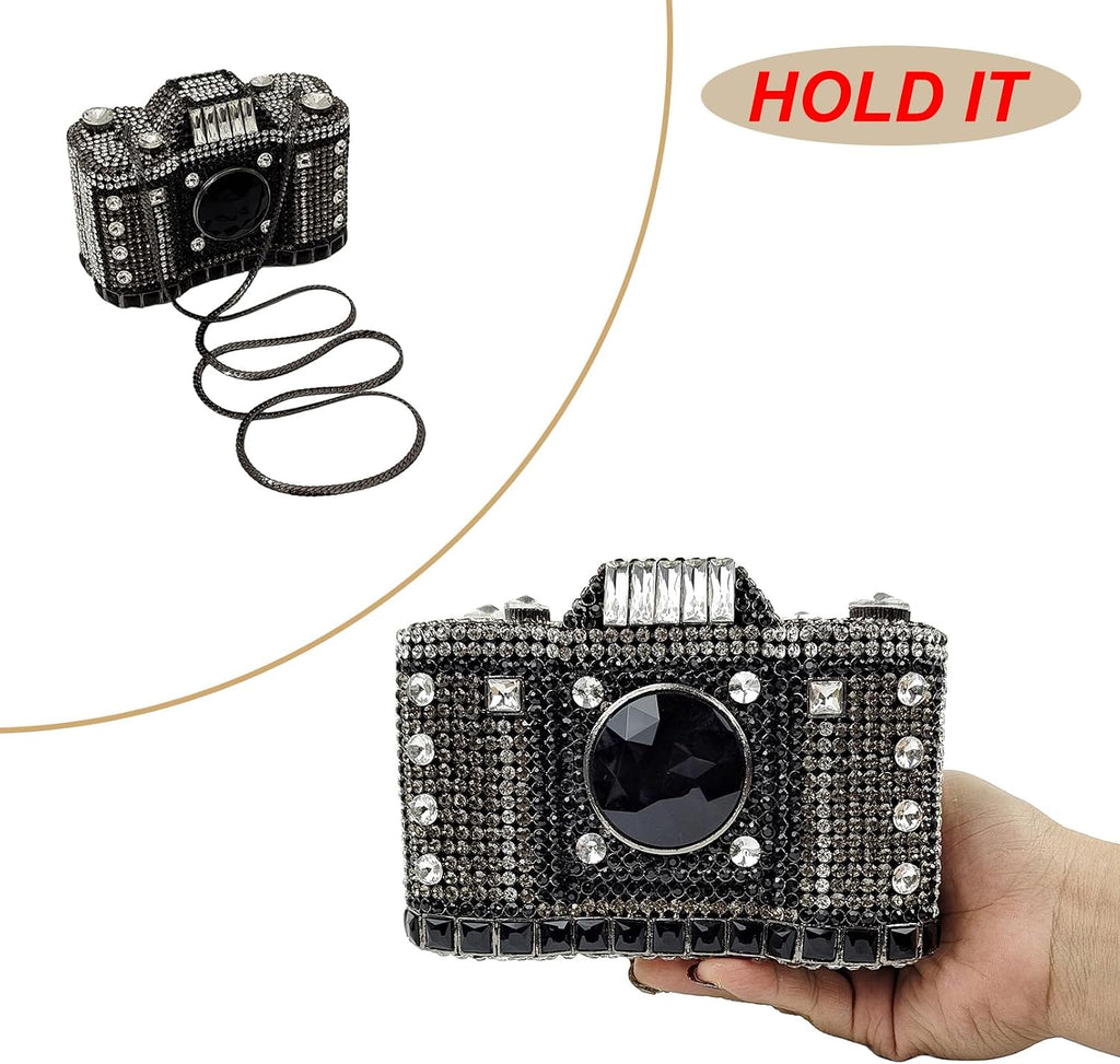 HUANG ZHUANG Cute Camera Shape Crystal Clutch Purse Mini Rhinestone Evening Bag Wedding Handbag Party Women Purse