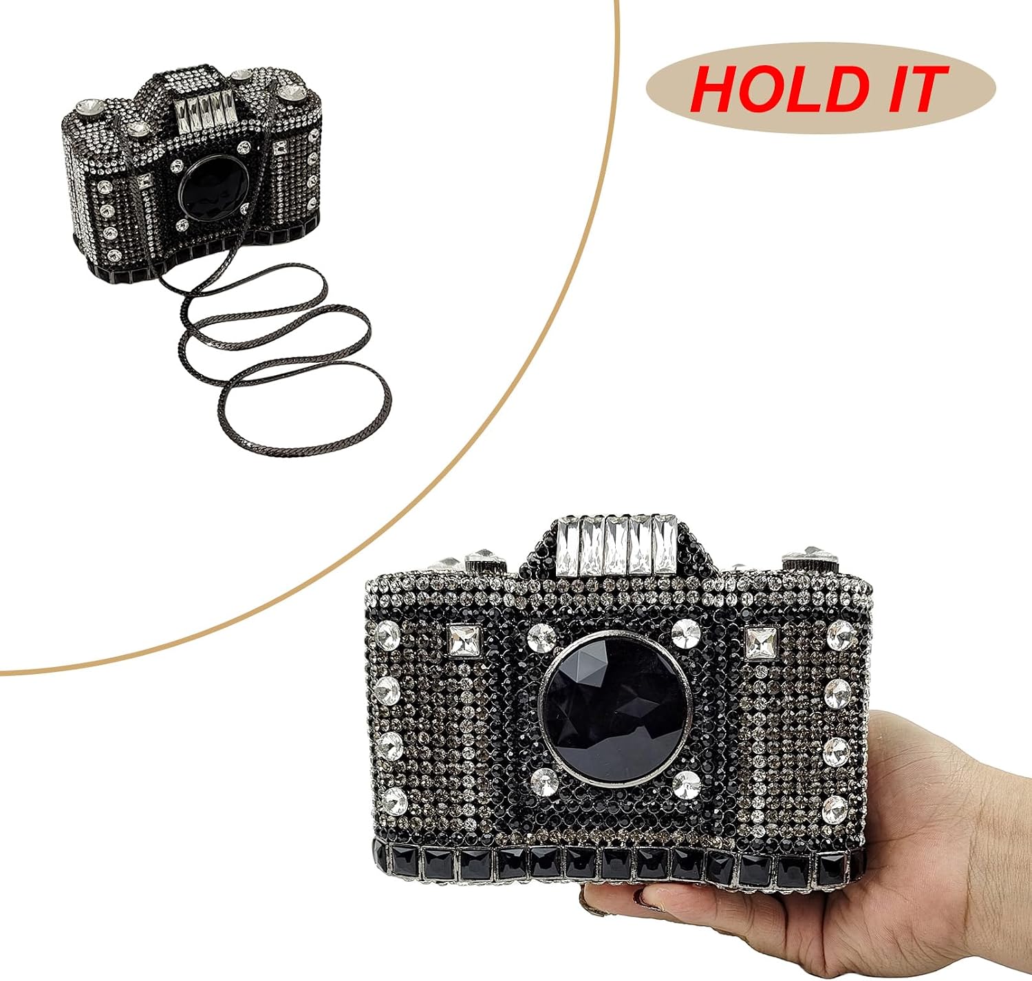 HUANG ZHUANG Cute Camera Shape Crystal Clutch Purse Mini Rhinestone Evening Bag Wedding Handbag Party Women Purse