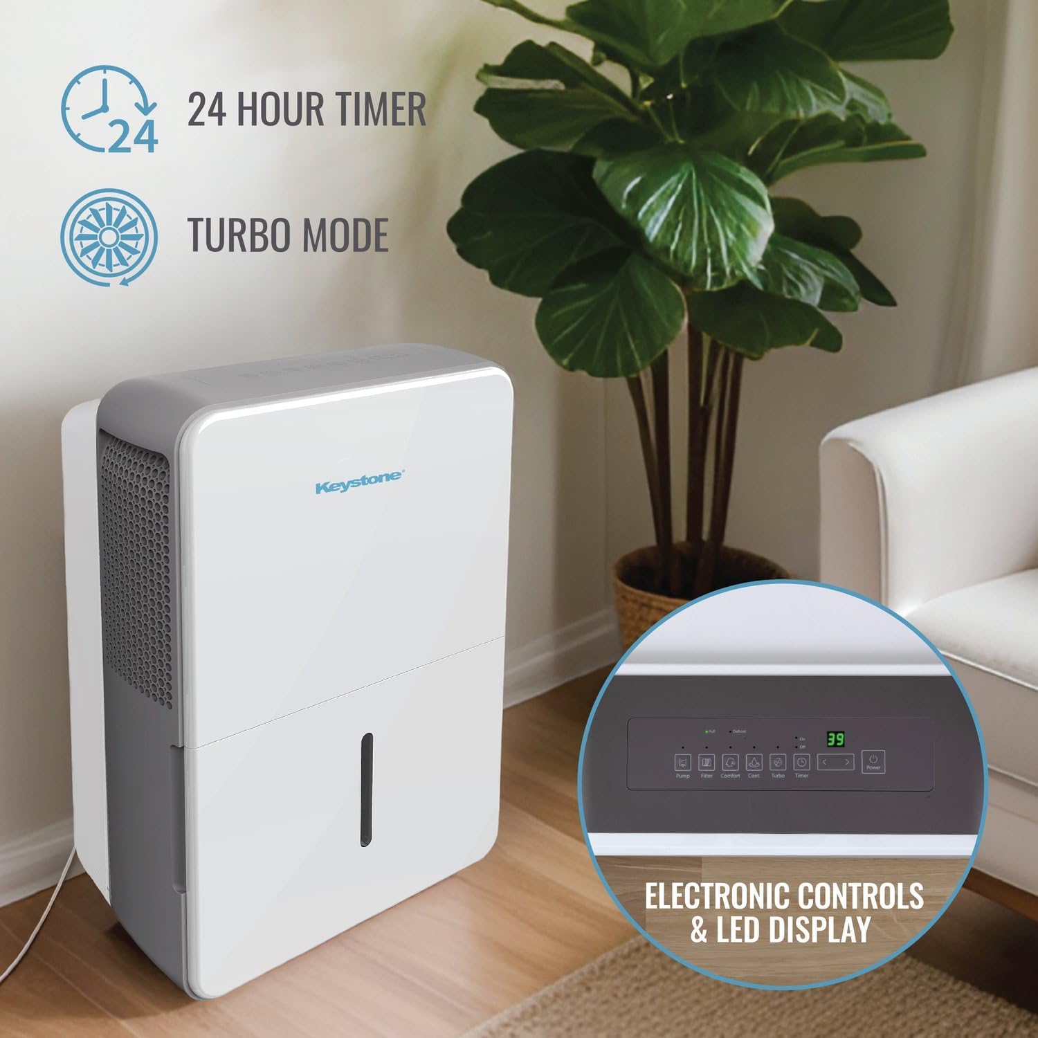 Keystone Energy Star 35-Pint Portable Dehumidifier for Extra Large Rooms Up to 3,000 Sq.Ft. with Auto-Shutoff & Timer, Quiet Home Dehumidifier and Moisture Absorber For Basement, Garage, Living Room