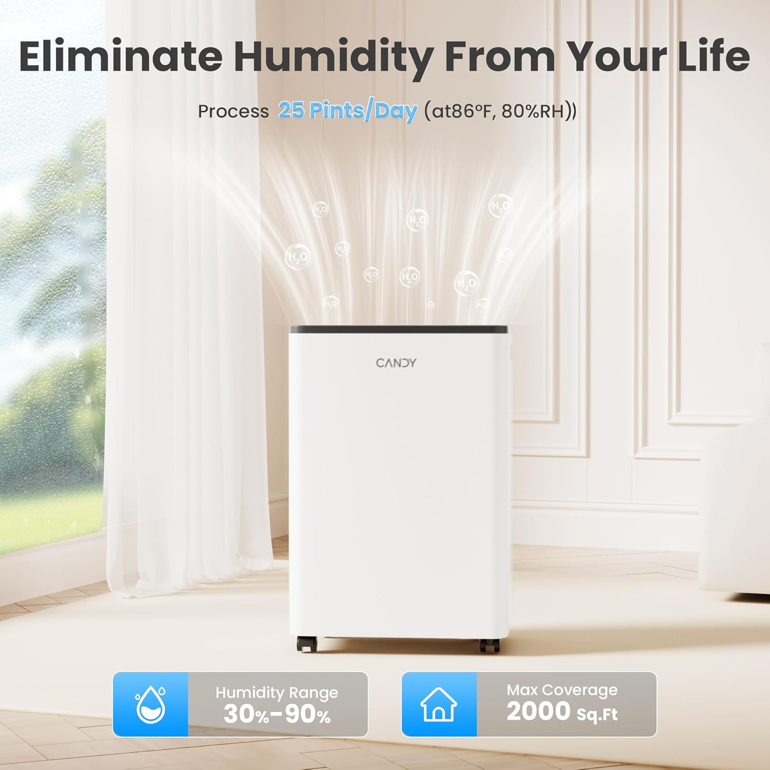 Candy 2000 Sq.Ft Dehumidifiers for Home, 34 Pints Portable Dehumidifier With Continuous/Auto Mode,0.66 Gal Tank, for Bedroom,Bathroom,Basement, Smart Control with Drian Hose Included
