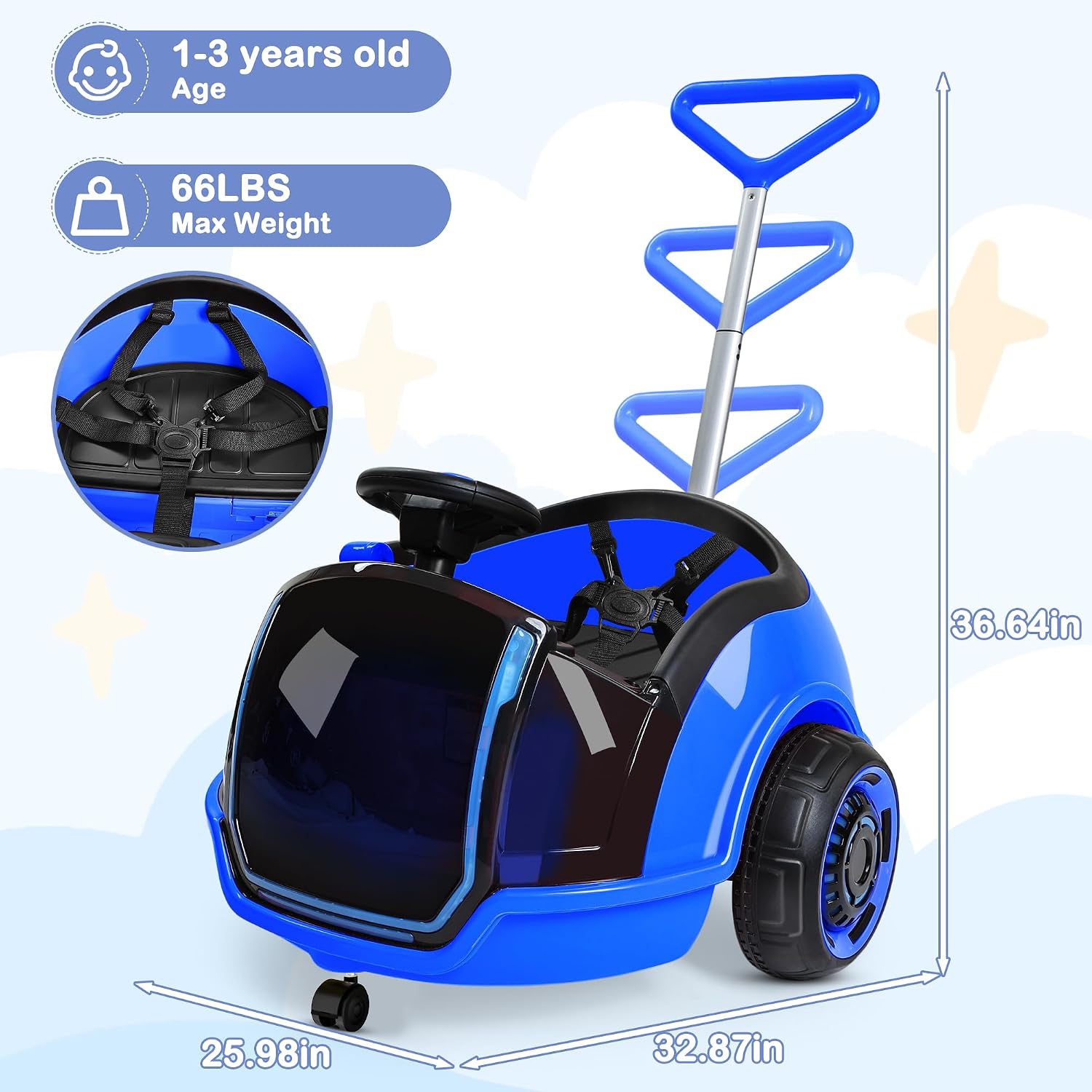 ANPABO 3-in-1 Electric Push Ride On Car, 12V Kids Ride On Toy w/Remote Control, 360° Spin, LED Display, 5-Point Safety Belt, Colorful LED Light, Music Player, Push Car for Toddler Ages 1-3 (Blue)