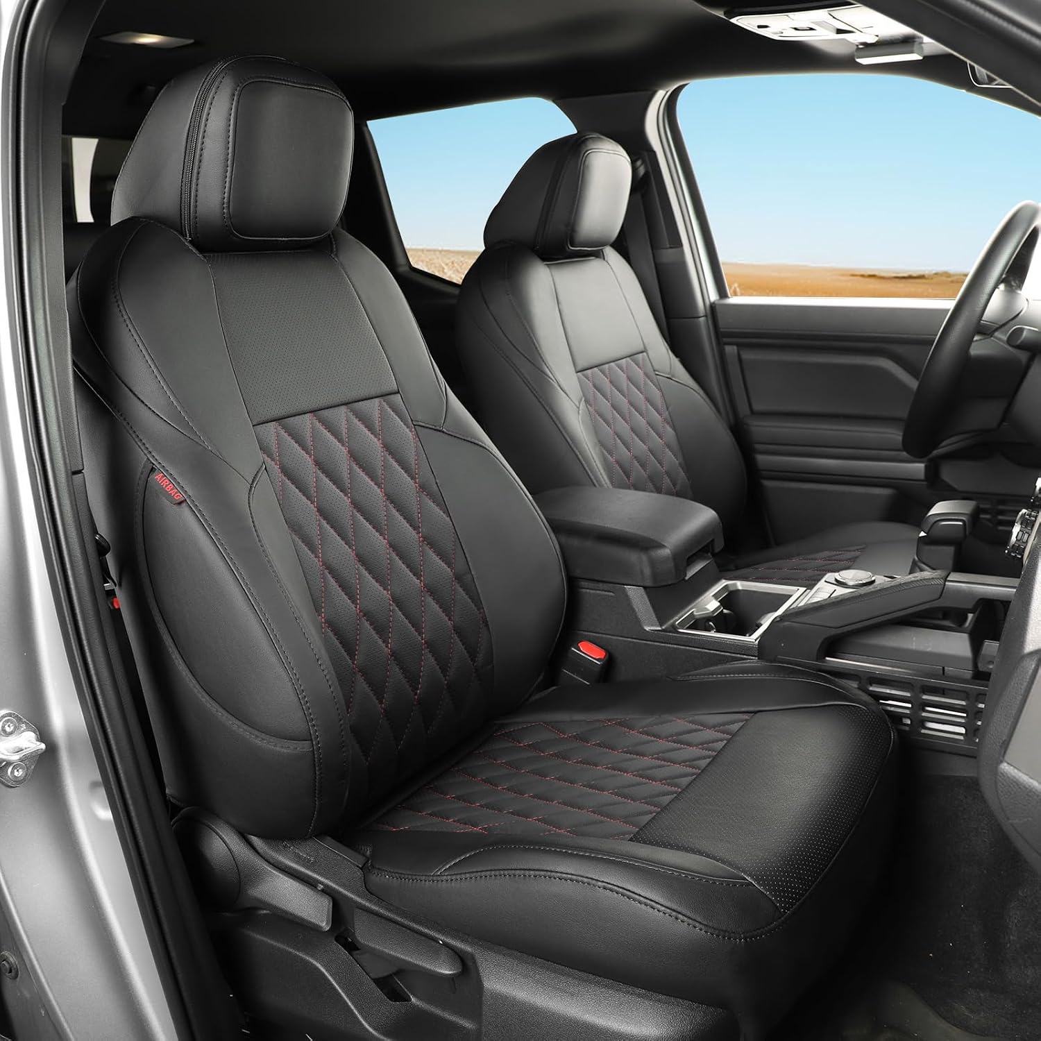 coverdream Front Tacoma Seat Covers for 2024-2026 Toyota Tacoma SR,SR5,TRD Sport,TRD Off-Road,Limited Truck,Fully Covered,Luxury Waterproof Leather Car Seat Protector (Front Row Only,Black & Diamond)