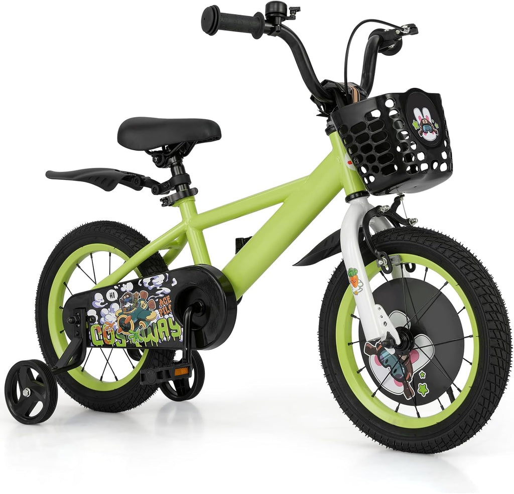 BABY JOY Rabbit Pilot Sporty Kids Bike, 12 14 16 18 Inch Child Bike for 3-8 Years Old with Adjustable Height, Training Wheels, Storage Basket, Handbrake & Coaster Brake, Kids Bicycle for Girls Boys