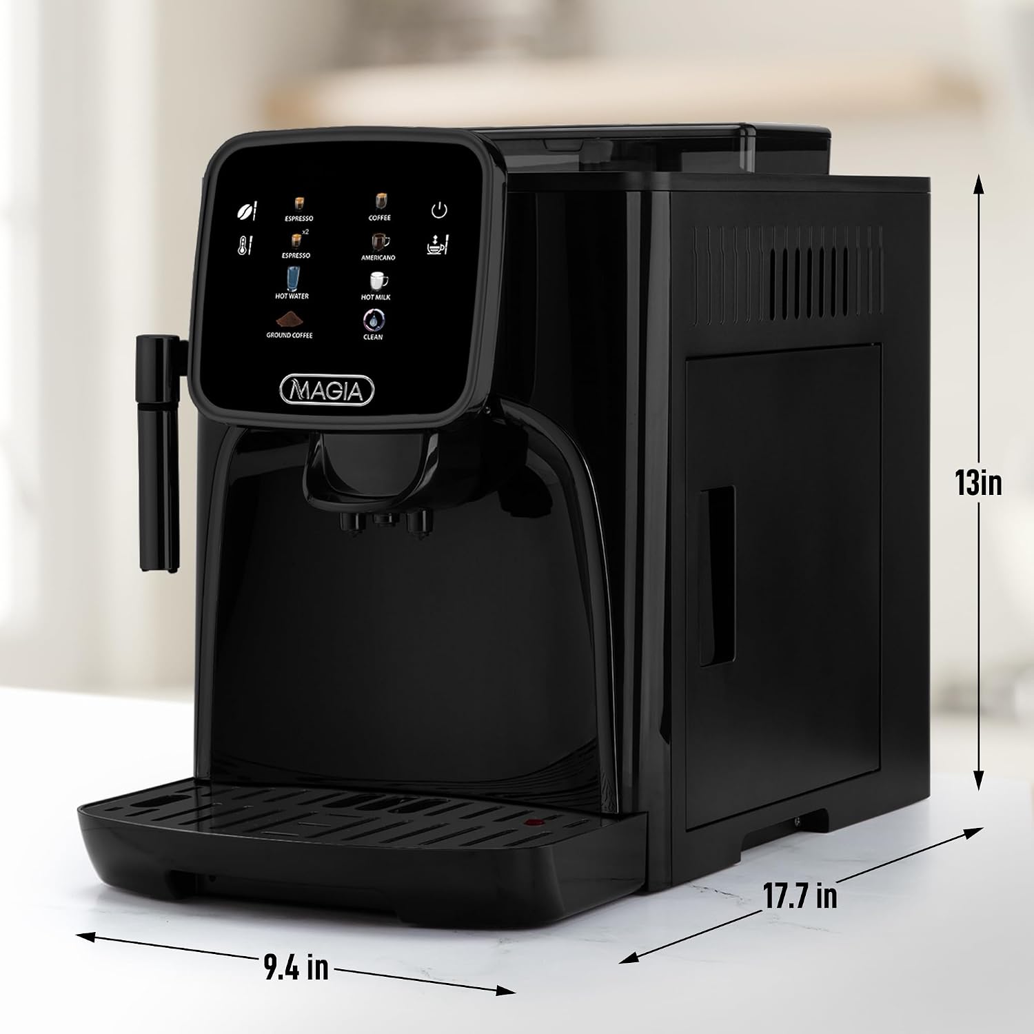 Zulay Kitchen Magia Clasica Automatic Espresso Machine with Built-In Grinder, Touch Panel Coffee Maker, Steam Wand Milk Frother, Adjustable Strength, Self-Cleaning, Black (13' x 17.7' x 9.4')