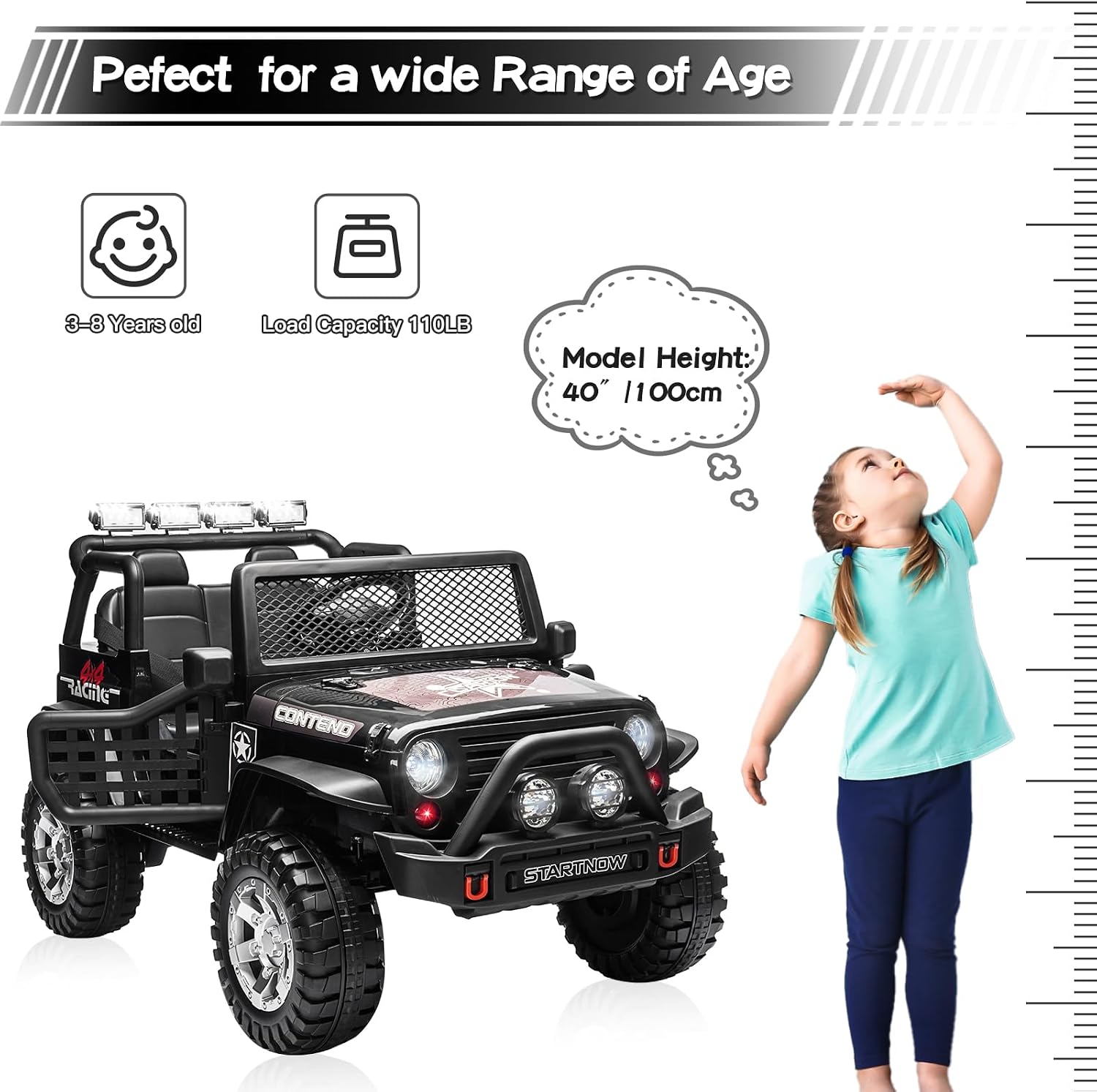 SEHOMY 2-Seater Kids Electric Car, 12V Truck Power Wheels with Remote Control - 110LBS Max Load, 19'' Wide Seat, Spring Suspension, Music, Battery Powered Kids Ride on Car Black Vehicles for Boy Girl
