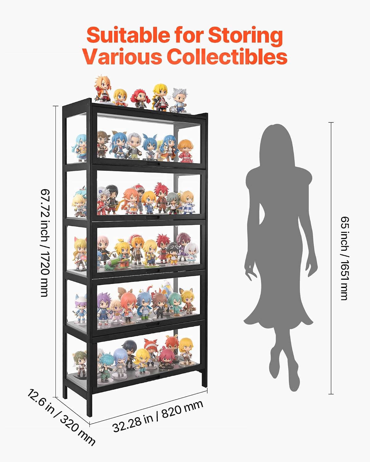 VEVOR Display Cabinet with Acrylic Doors, 68 in Tall 5-Tier Curio Cabinet, Natural Wooden Fame, Collectibles Toy Organizers Rack & Display Case, Bookshelf for Home, Office, Playroom, Living Room
