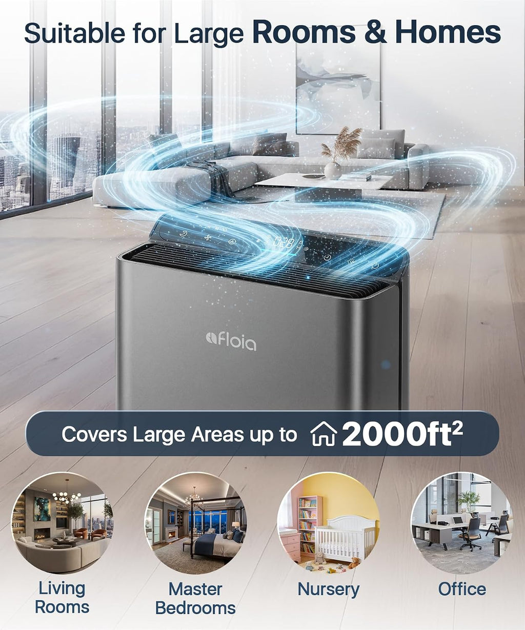 Afloia Air Purifiers for Bedroom - Air Purifiers for Home Large Room Up to 2000Ft², 3-Stage Filter with Laser Air Quality Sensor for Pets Hair Dander Pollen Allergies Dust Mold Odor Smoke, Grey