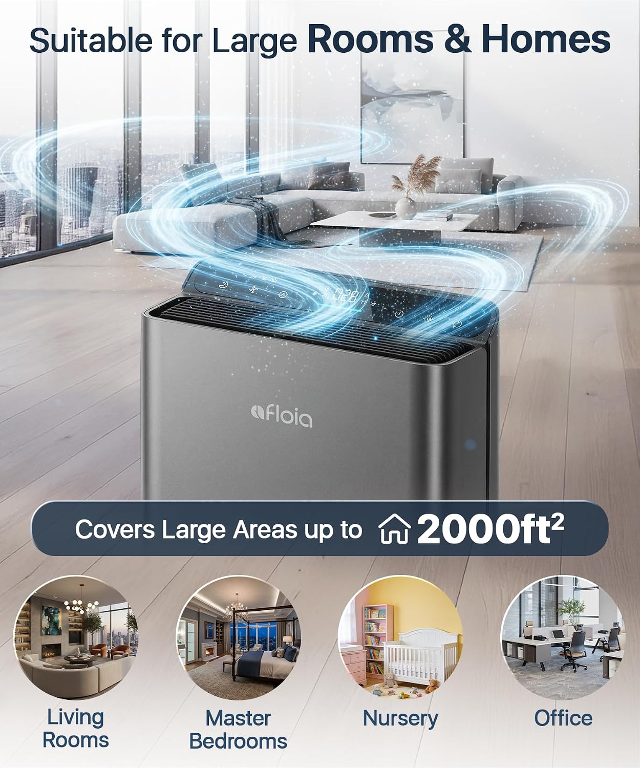 Afloia Air Purifiers for Bedroom - Air Purifiers for Home Large Room Up to 2000Ft², 3-Stage Filter with Laser Air Quality Sensor for Pets Hair Dander Pollen Allergies Dust Mold Odor Smoke, Grey