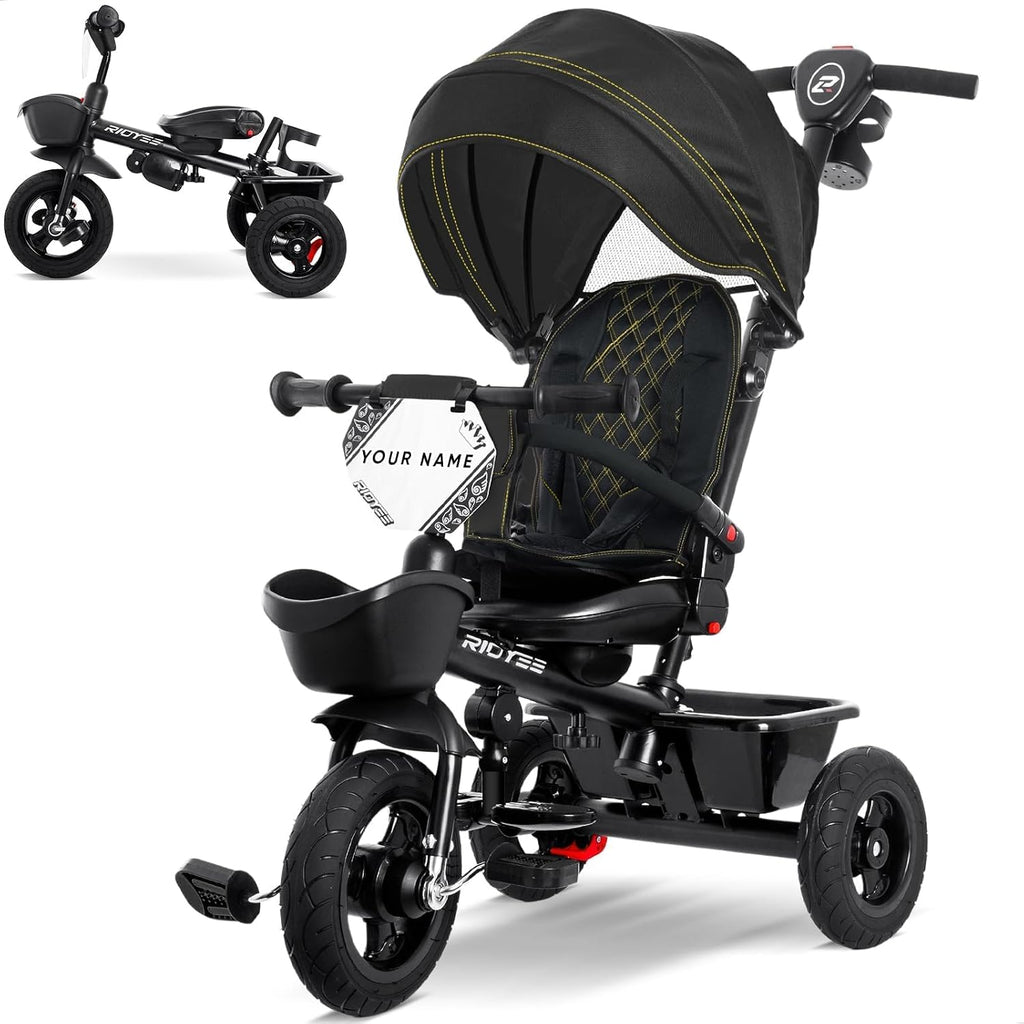 RIDYEE 7-in-1 Tricycle for 18 Months to 5 Years, All-Terrain Rubber Tires, Dual Wheel Brakes, Rotatable Seat for Toddlers 1.5-3, Tricycle for 3-5 Years with DIY Stickers, Black