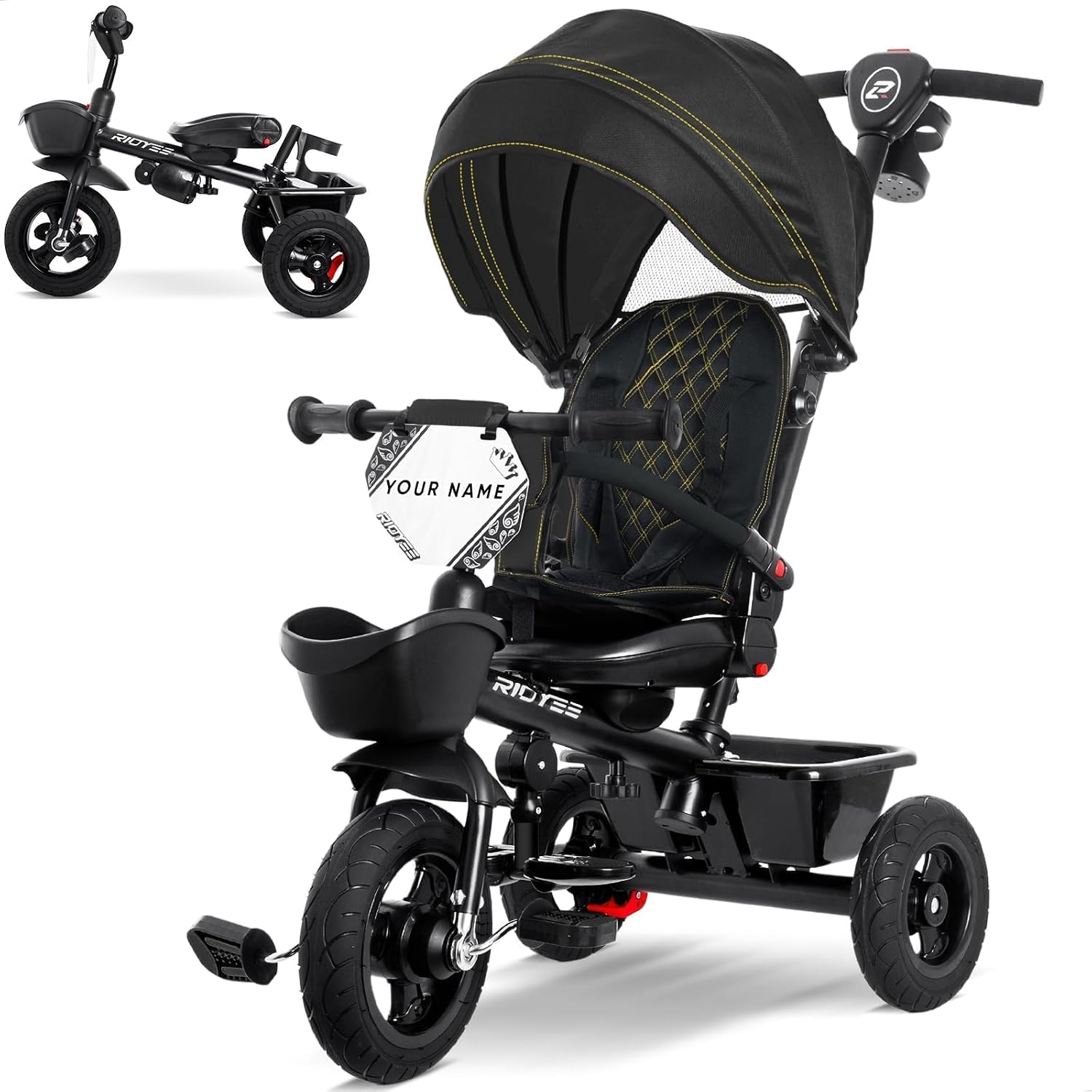 RIDYEE 7-in-1 Tricycle for 18 Months to 5 Years, All-Terrain Rubber Tires, Dual Wheel Brakes, Rotatable Seat for Toddlers 1.5-3, Tricycle for 3-5 Years with DIY Stickers, Black