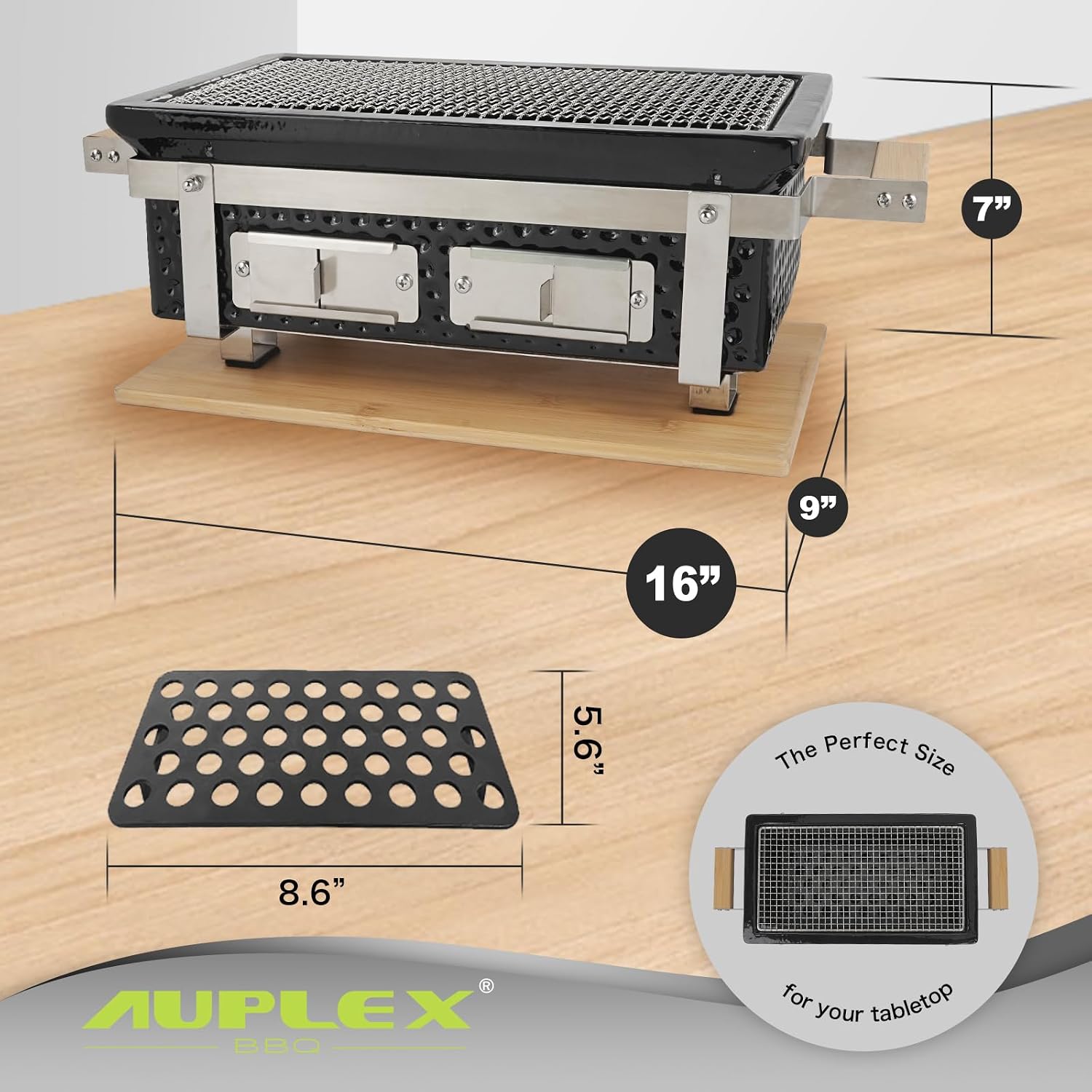 Yakitori Ceramic Charcoal Grill, Japanese Style Tabletop BBQ With Bamboo Heat Shield For Indoor/Outdoor, Square, 16'x9'
