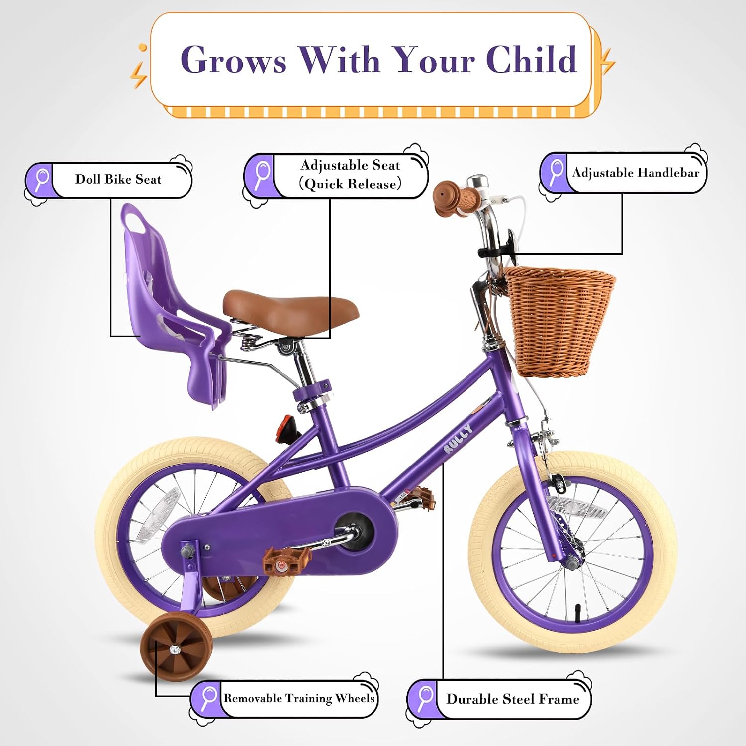 RULLY Donna Kids Bike for Girls Ages 2-7 Years, 12 14 16 Inch Princess Girls Bicycle with Doll Bike Seat, Training Wheels, Basket and Streamers, Kids Cycle Bikes, Multiple Colors | with Doll Bike Seat, Training Wheels, Basket, Streamers, Kids Cycle Bikes