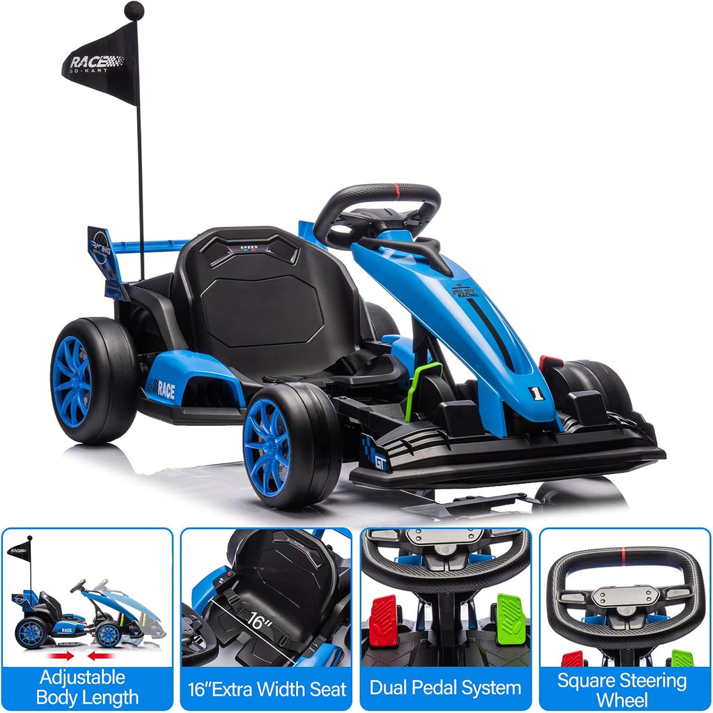 GarveeLife 24V Kids Ride on Go Kart, 7.5 mph Variable High Speed Drifting Car, 7ah Battery 200W*2 Motors,Adjustable Legroom for Kids Grows, Max Load 135 LBS, Power Display Racing Toy for 6+,Blue