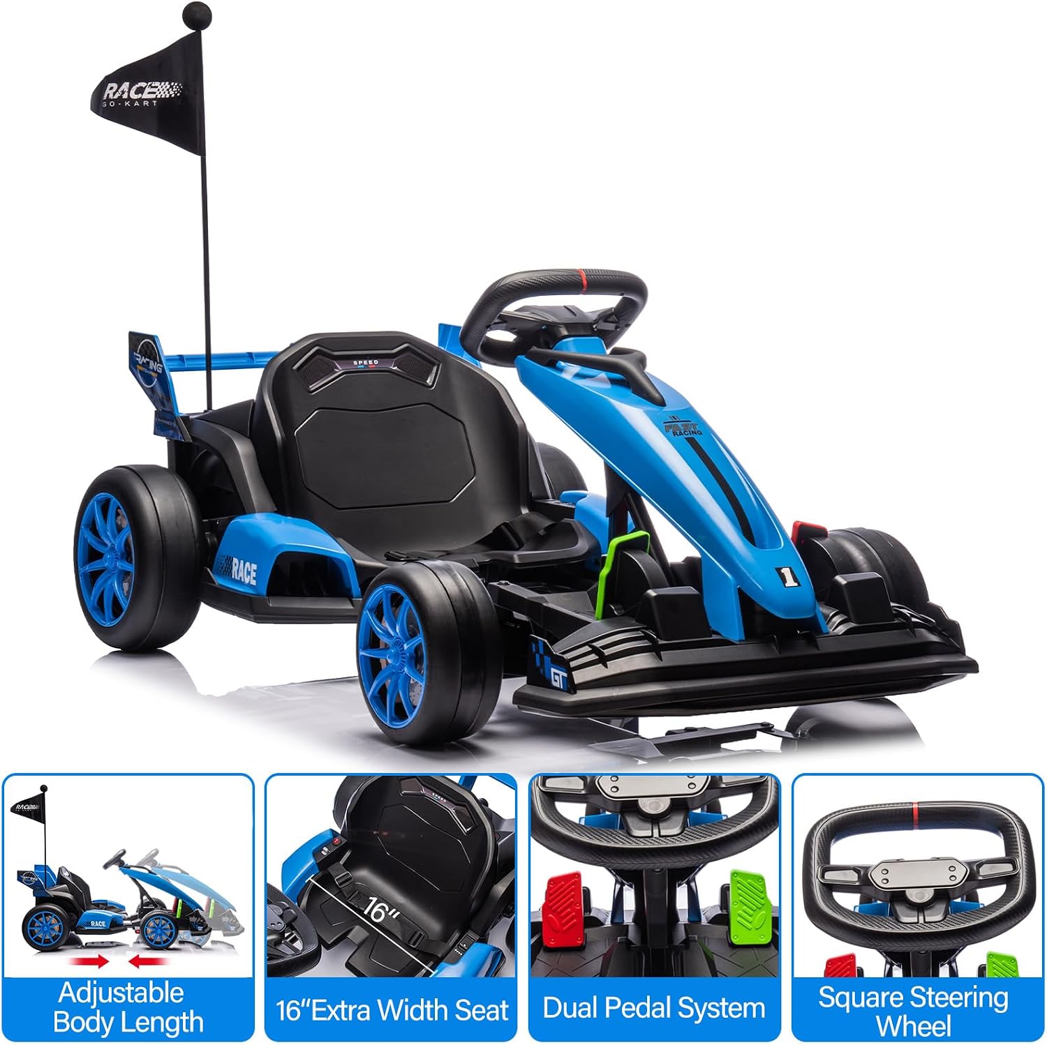 GarveeLife 24V Kids Ride on Go Kart, 7.5 mph Variable High Speed Drifting Car, 7ah Battery 200W*2 Motors,Adjustable Legroom for Kids Grows, Max Load 135 LBS, Power Display Racing Toy for 6+,Blue