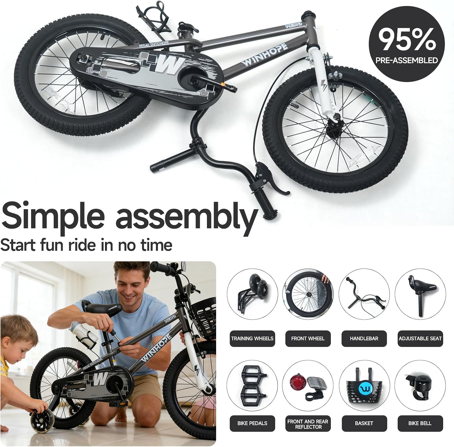 WinHope Kids Bike, 12 14 16 18 Inch Toddler Bicycle with Light Up Training Wheels and Dual Brakes, Children Bike for Beginner with Adjustable Seat and Headlebar for Boys Girls 2-9, Multiple Colors