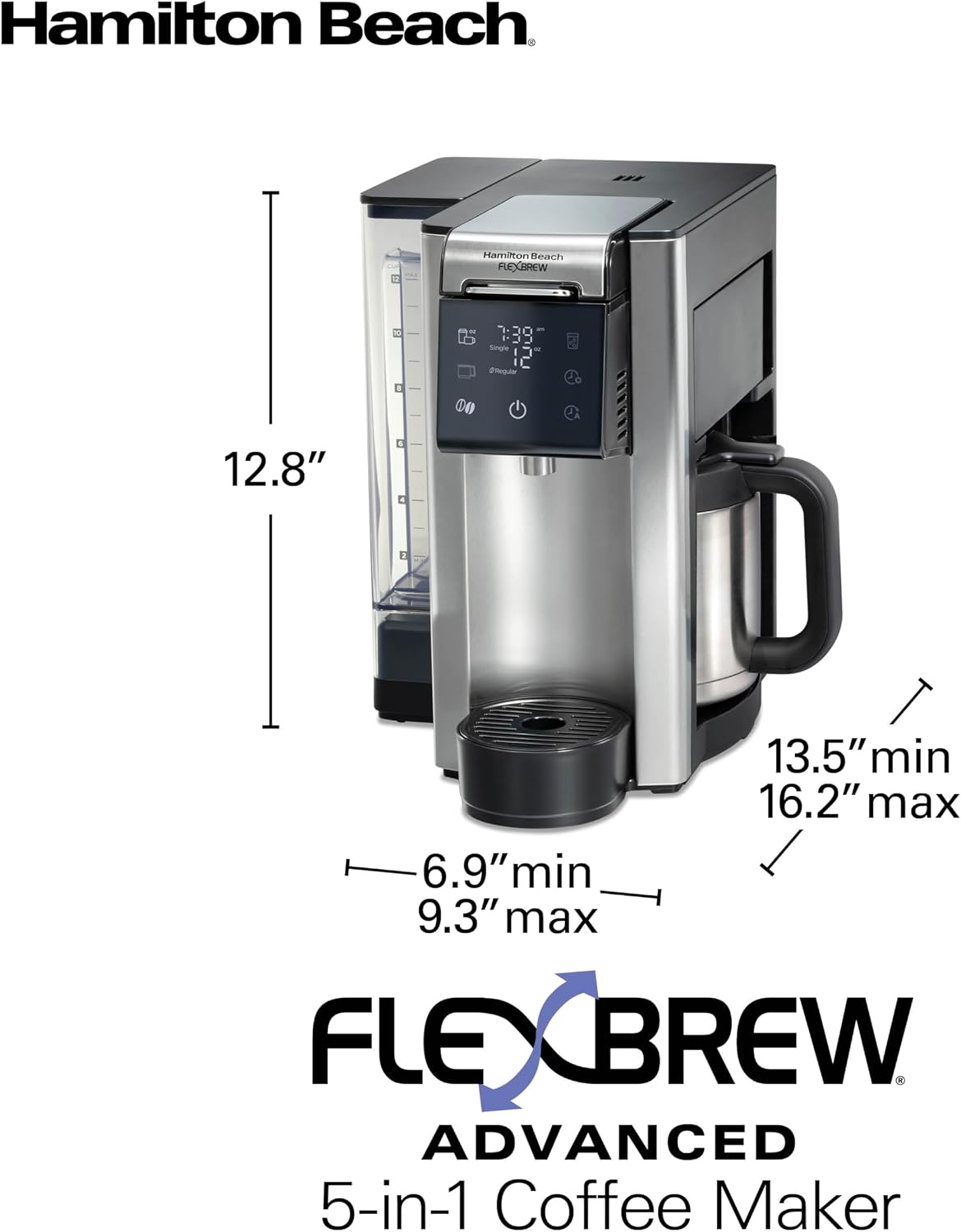 Hamilton Beach FlexBrew Advanced 5-in-1 Thermal Programmable 12 Cup Drip and Single Serve Hot & Iced Coffee Maker, Movable 60oz. Water Reservoir, Use Pod Packs and Grounds, Fast Brewing, Black (49929)