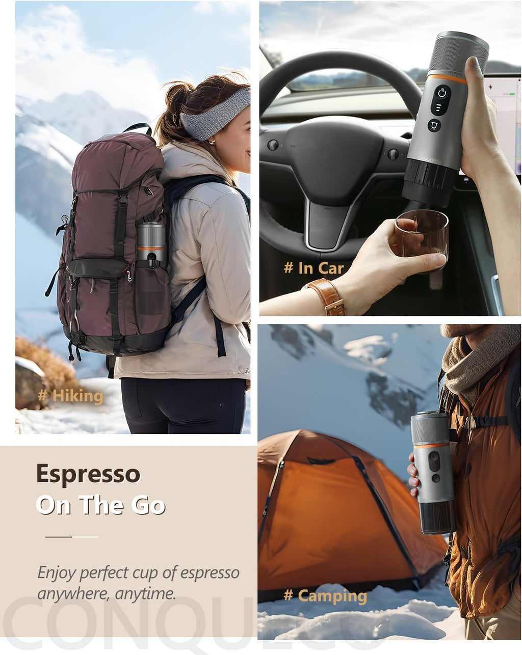 CONQUECO Portable Espresso Coffee Machine: 12V Electric Small Travel Expresso Maker - Self Heating 8 Cups Battery Powered Compatible for Nespresso Capsule - for Camping RV Hiking Office (Smoke Blue)