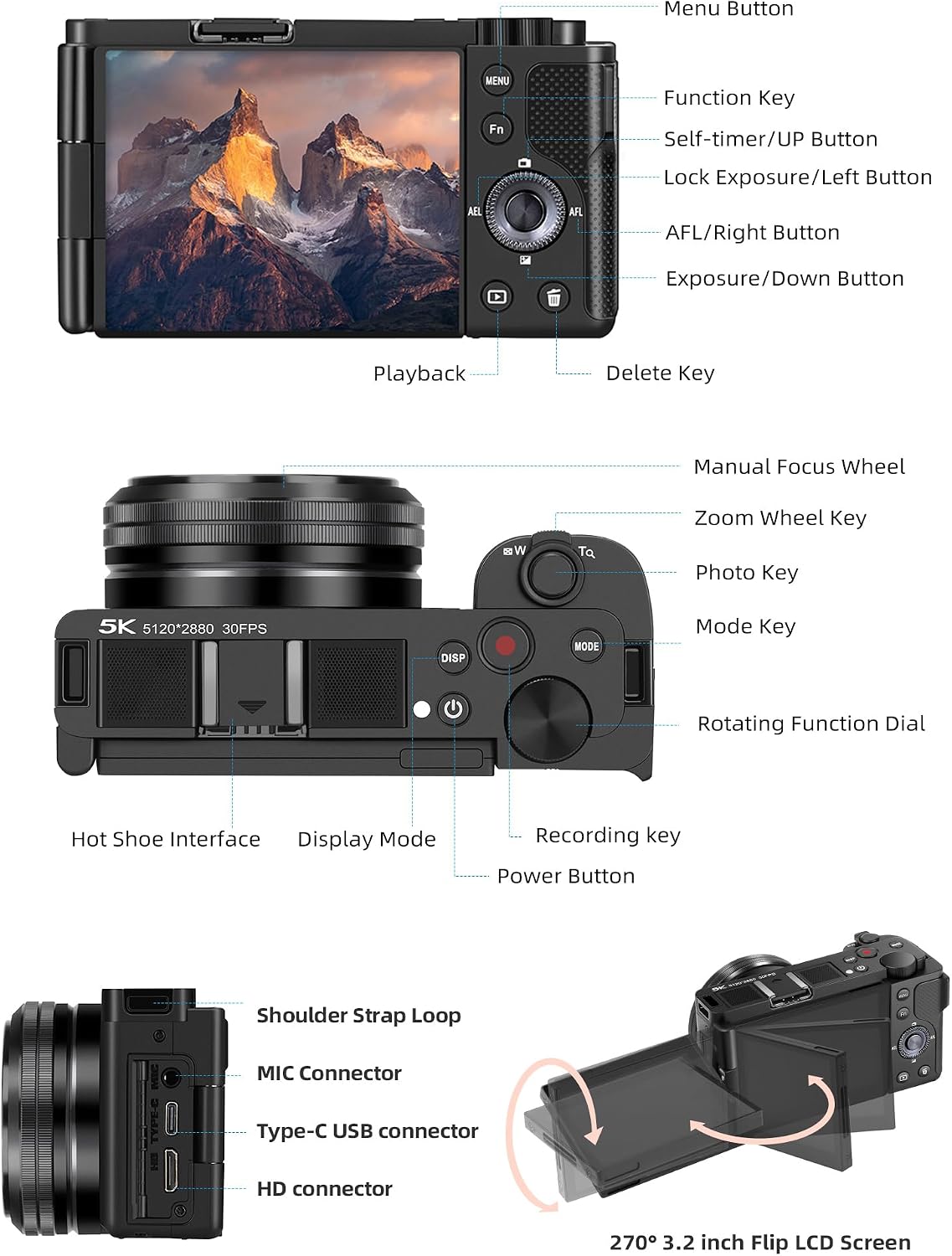 ORDRO G930 5K 64MP Digital Camera for Photography, Autofocus Video Camera 3.2'' Flip Vlogging Camera with 5X Optical Zoom-Compact Travel Cameras with 2 Batteries 64G Card