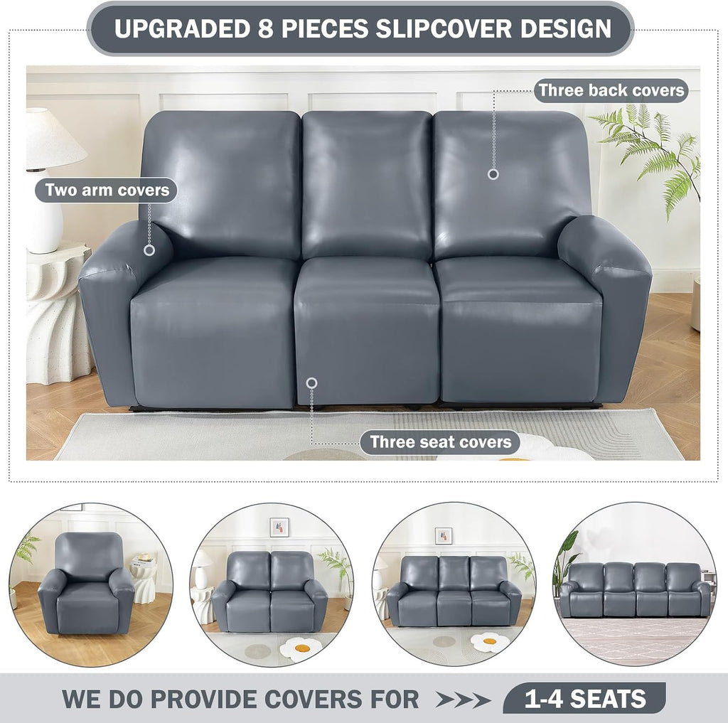 vctops 8 Pieces Waterproof Faux PU Leather Recliner Sofa Covers Stretch Soft 3 Seats Couch Cover Anti-Slip Sofa Slipcover Furniture Protector with Elastic Bottom for Kids Pet(Grey,3 Seat)