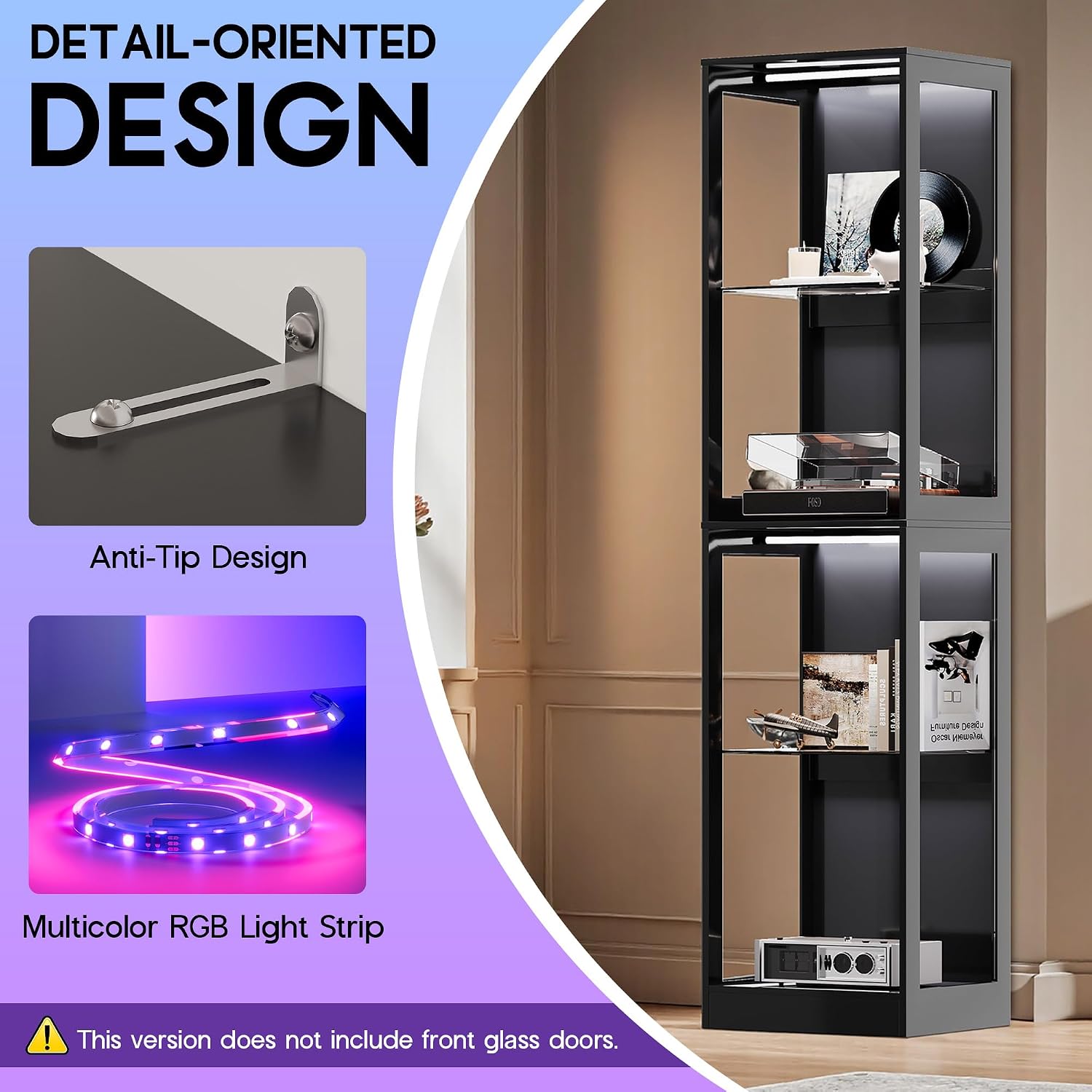 AMERLIFE RGB Display Cabinet with Adjustable Shelves, 4-Tier Storage Case with LED Lights, Modern Display Shelf for Collectibles, Black 70' H×18' L×14' D