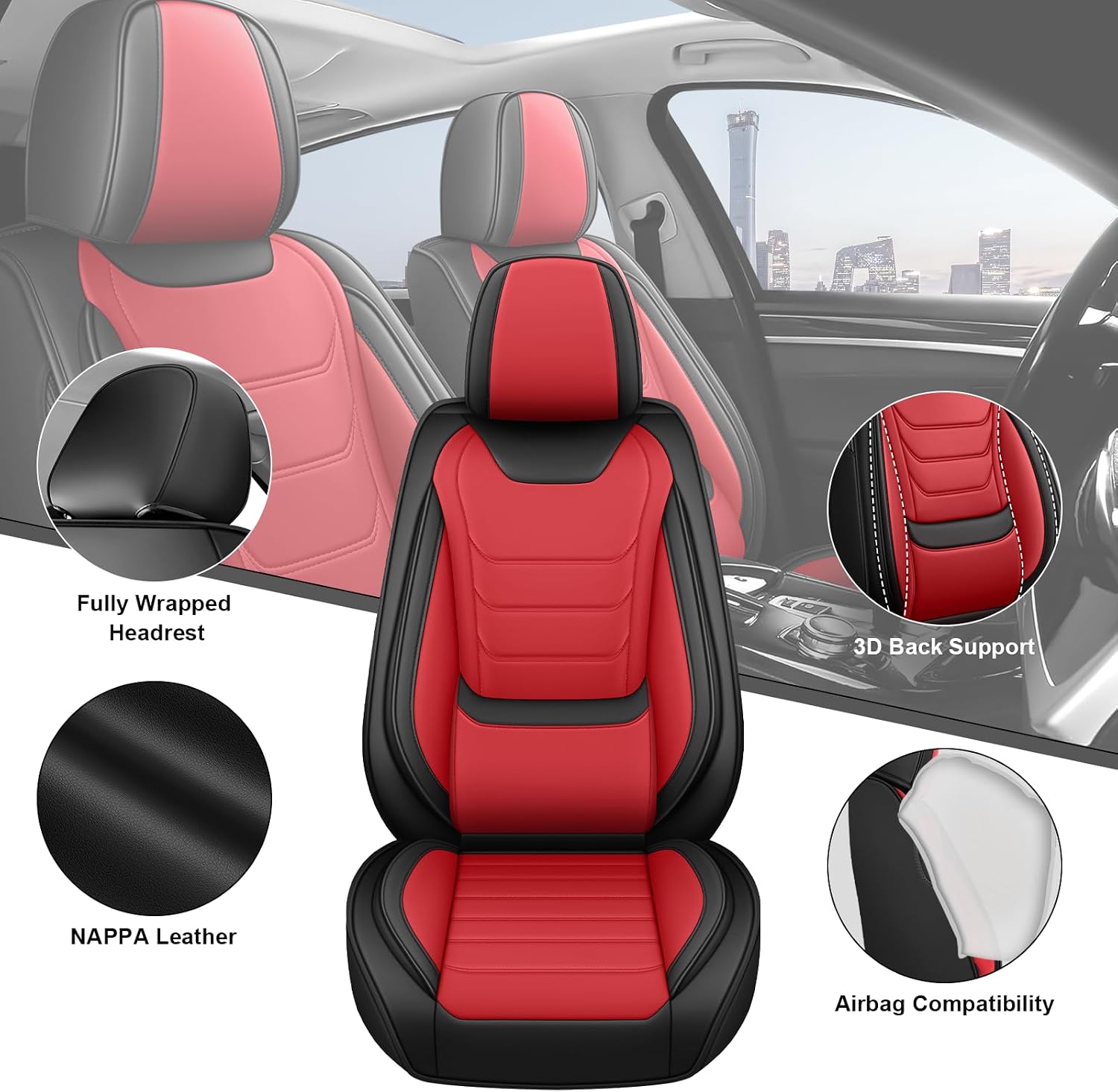 DHAEY Car Seat Covers for Buick Encore GX 2020-2026, Family Seat Covers, Nappa Leather, Wear-Resistant, Anti-Slip, Waterproof, 5PCS Full Set, Black Red