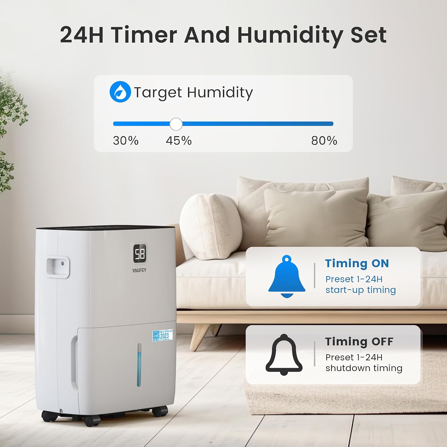 Yaufey 5000 Sq. Ft. Energy Star Certified Dehumidifier, Max 80 Pints Dehumidifier for Basement with Drain Hose, Smart Compressor with Intelligent Humidity Control, Dehumidifiers for Home Bedroom