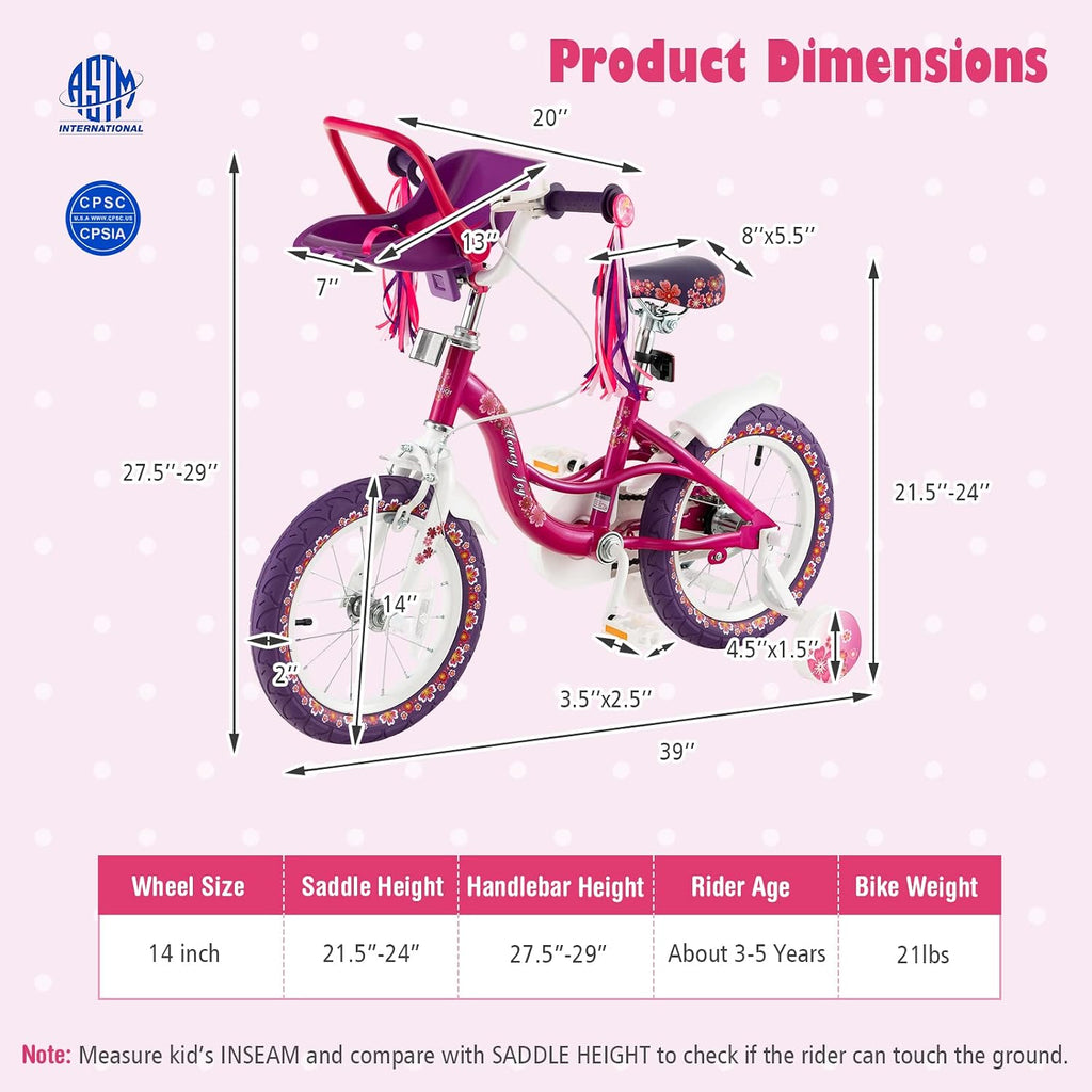 BABY JOY Kids Bike, 12 14 16 18 20 Inch Girls Bike w/Detachable Training Wheels or Kickstand, Storage Basket, Adjustable Seat & Handlebar, Bow or Streamer, Children Bicycle for 3-8 Years Old