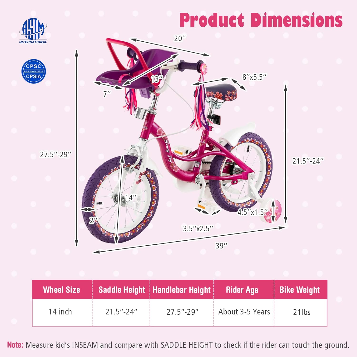 BABY JOY Kids Bike, 12 14 16 18 20 Inch Girls Bike w/Detachable Training Wheels or Kickstand, Storage Basket, Adjustable Seat & Handlebar, Bow or Streamer, Children Bicycle for 3-8 Years Old