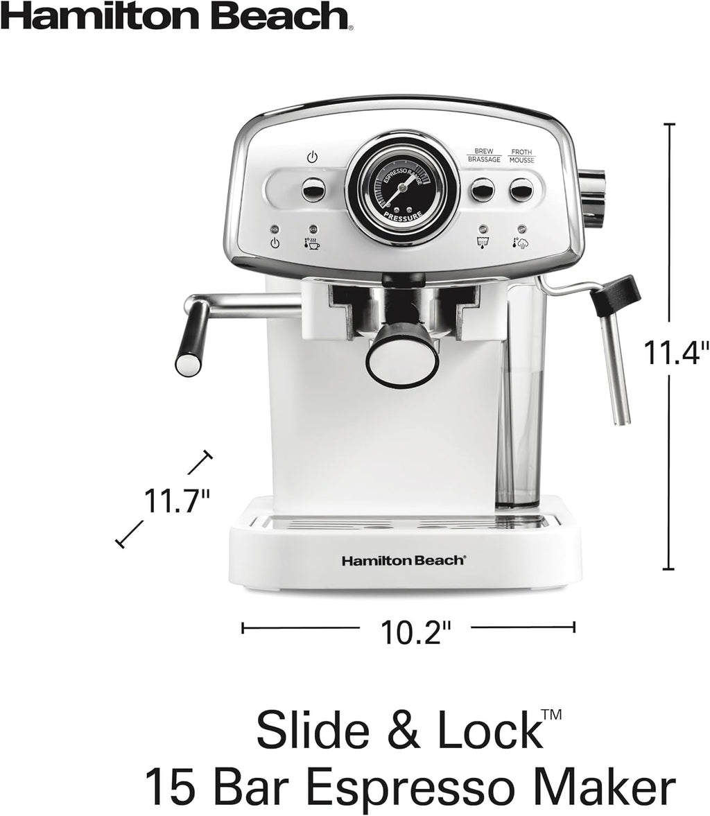 Hamilton Beach Slide & Lock Espresso Machine With Milk Frother Steam Wand For Cappuccino & Latte, 15 Bar Pump and Two Spouts, Removable Reservoir, Compact, Retro Design, White (40731)