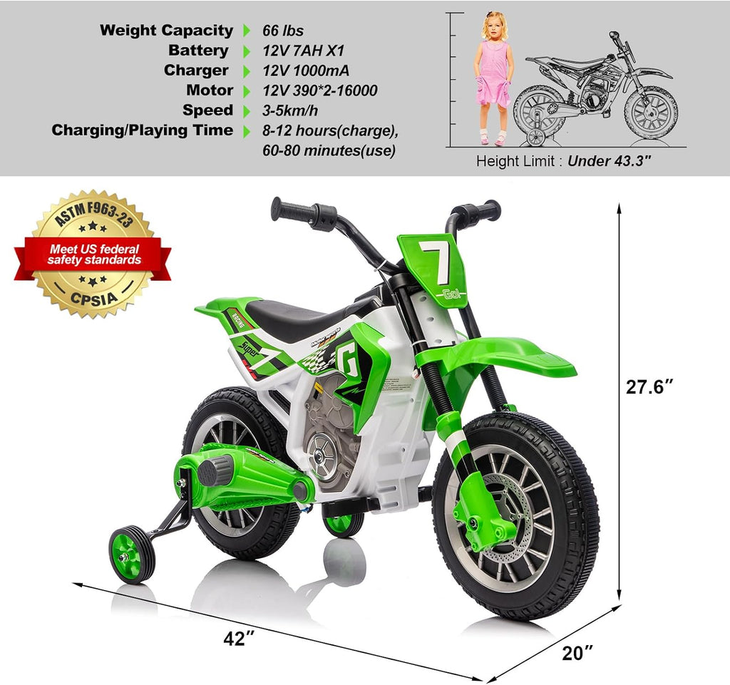 JOYLDIAS Kids Motorcycle Dirt Bike, 12V7AH Battery-Powered Ride On Motorcycle for Kids, Off-Road Street Bike w/Training Wheels, Music, Spring Suspension, High/Low Speeds, Green