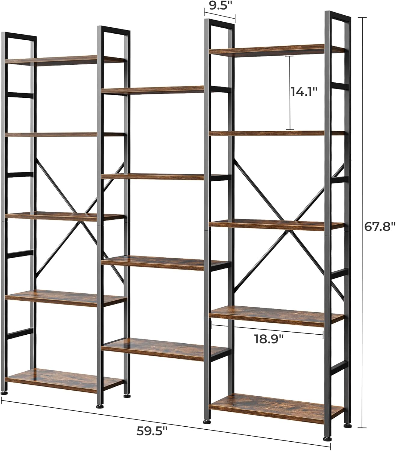 SUPERJARE Triple Bookshelf, Bookcase with 14 Open Display Shelves, Wide Book Shelf Book Case for Home & Office, 5 Tier, Brown