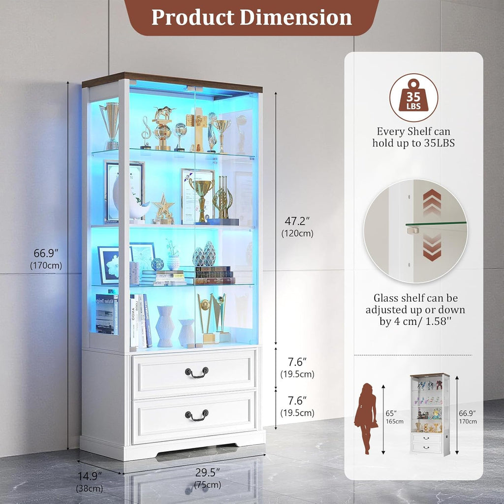 TAGELIER 67' Tall Display Cabinet with Glass Doors and 2 Drawers, Stable Wooden Frame Curio Cabinet with Smart Human Sensor, Led Display Cases for Collectibles and Books, Living Room Office (White)